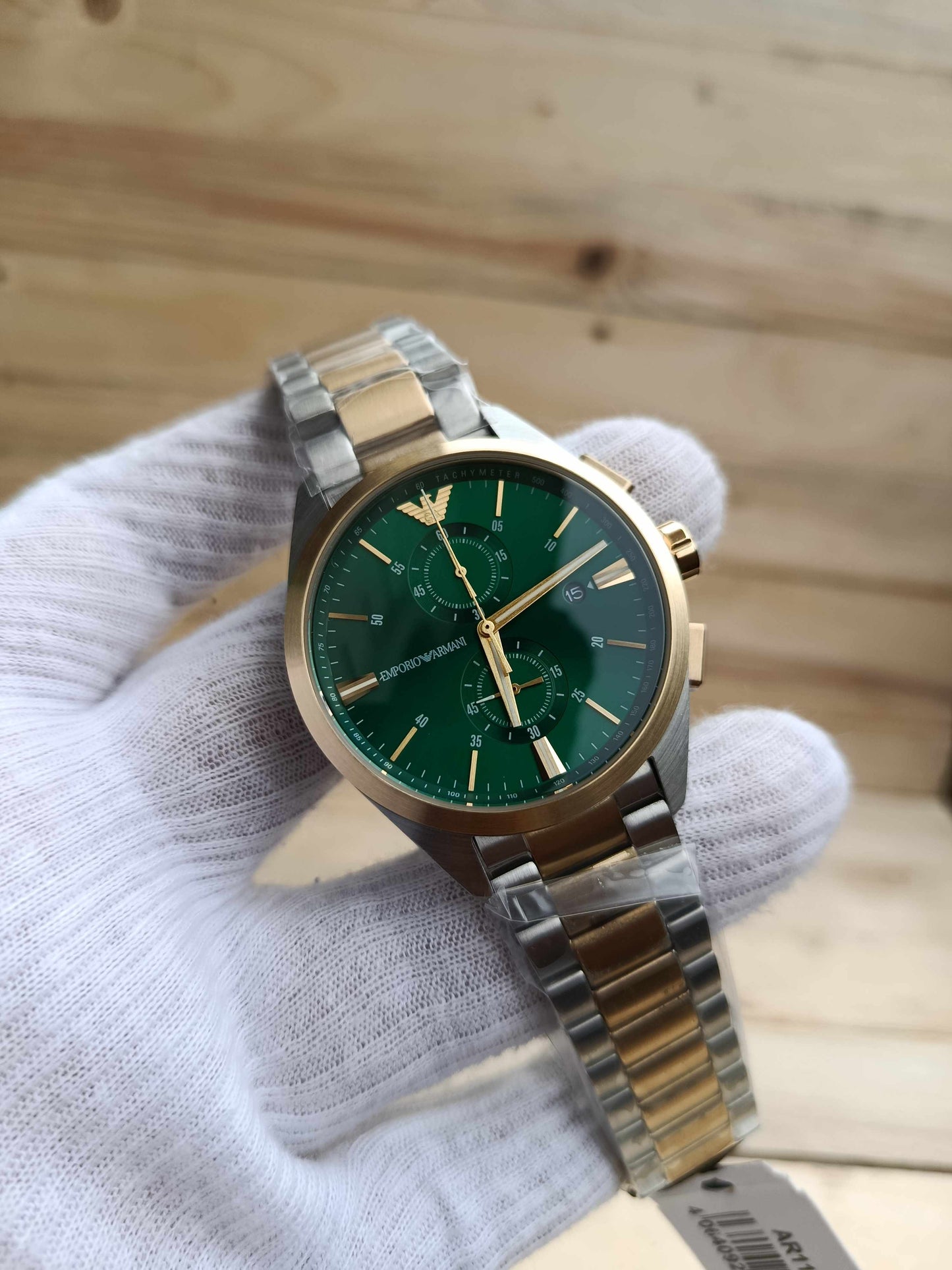 Emporio Armani AR11511 Claudio Two-Tone Stainless Steel Green Dial Chronograph Watch for Men