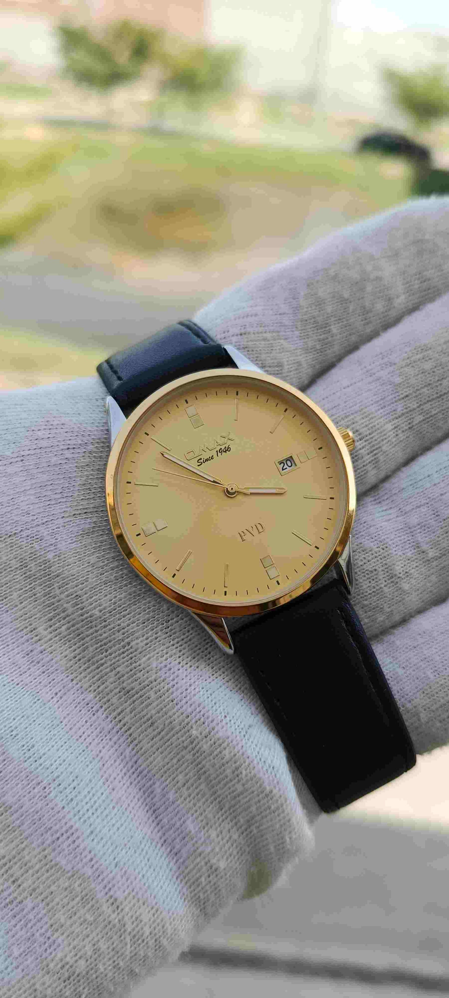Vintage Gold Dial Black Leather Strap light Weight Watch | Classic 1946 Dress Watch