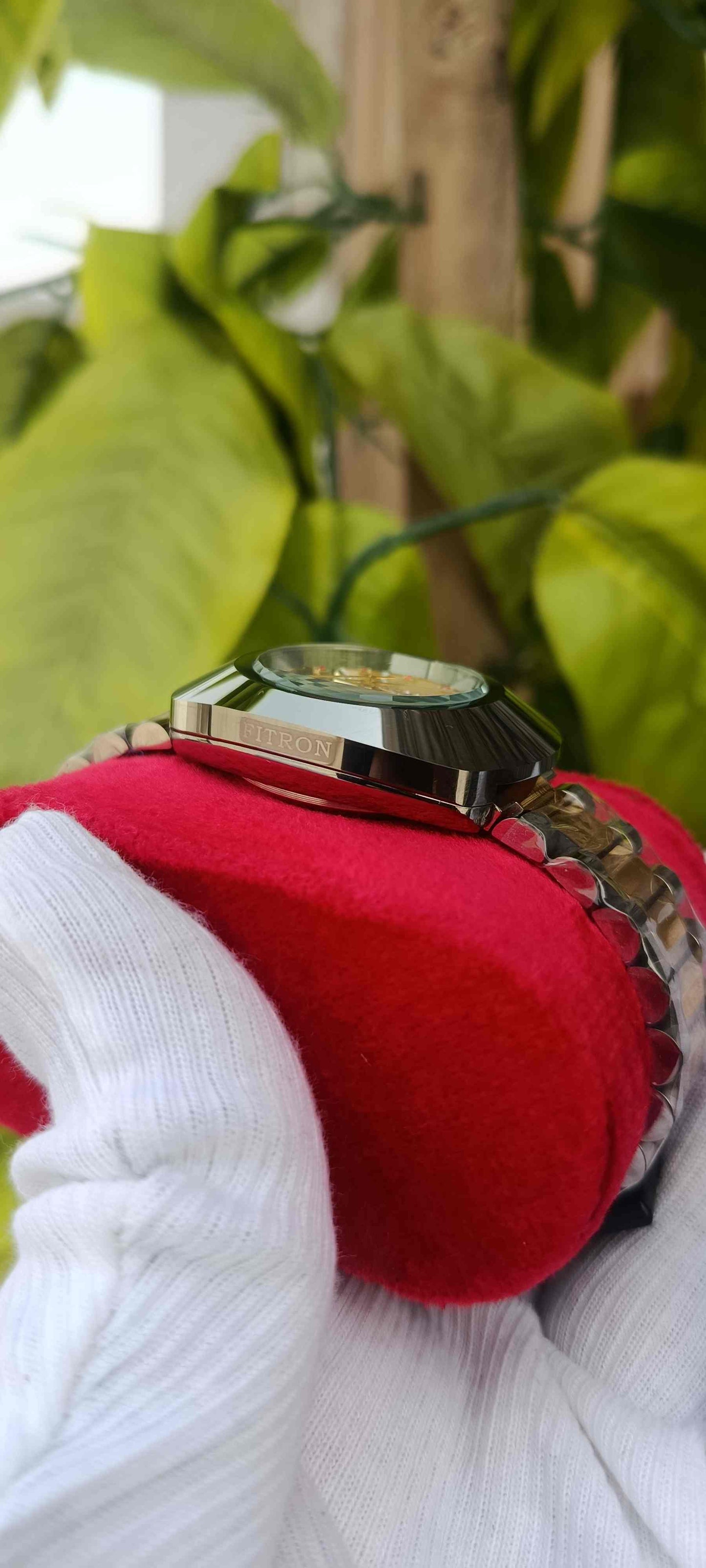 FITRON Automatic Two-Tone Gold Dial Diamond Sapphire Watch | Silver & Gold Metal Band with Ruby Accents