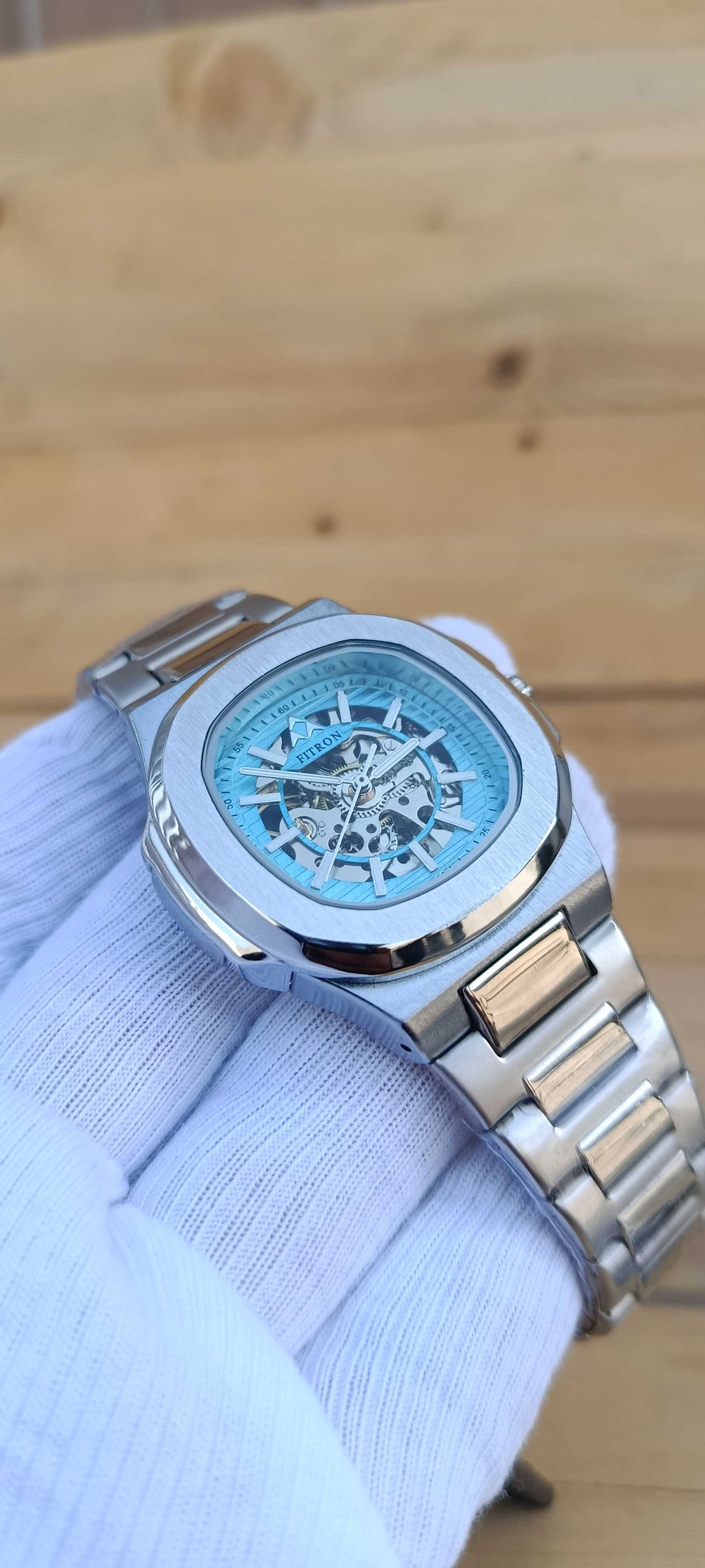 FITRON Skeleton Automatic Light Blue Metal Polish Watch