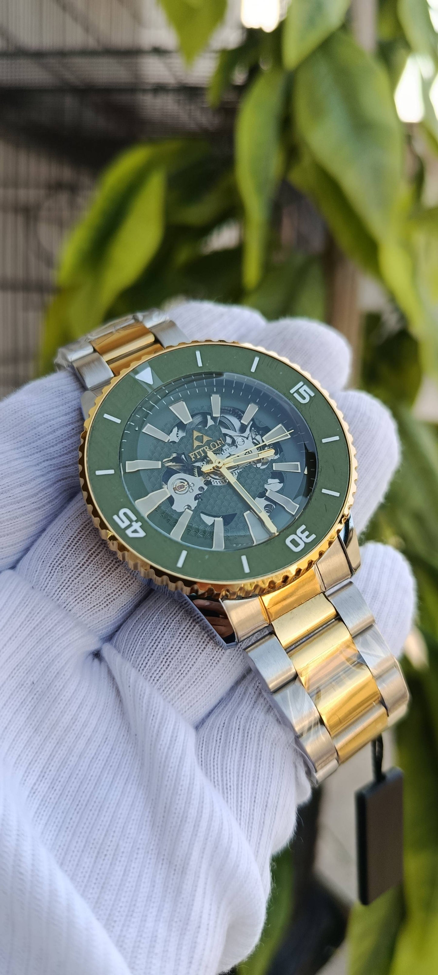 Fitron Automatic Skeleton Men's Watch – Olive Green Diver Bezel & Two-Tone Gold
