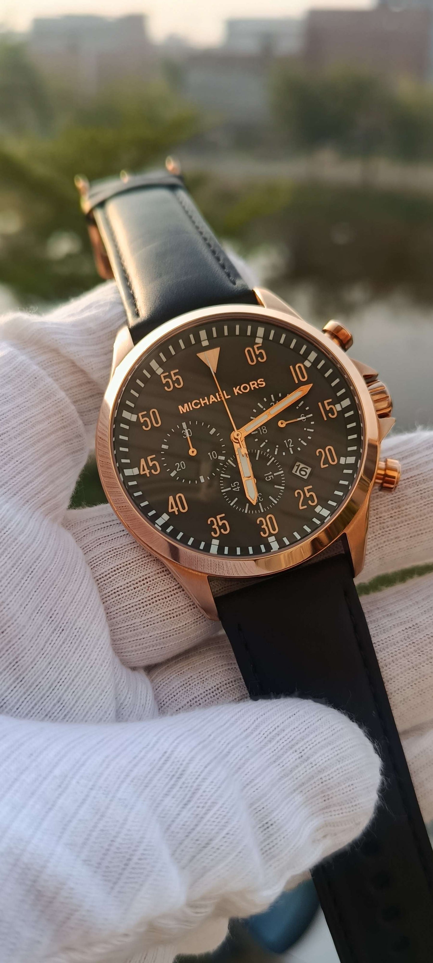 Michael Kors Gage Men’s Chronograph: Rose Gold-Tone Case & Black Leather Strap (MK8535)