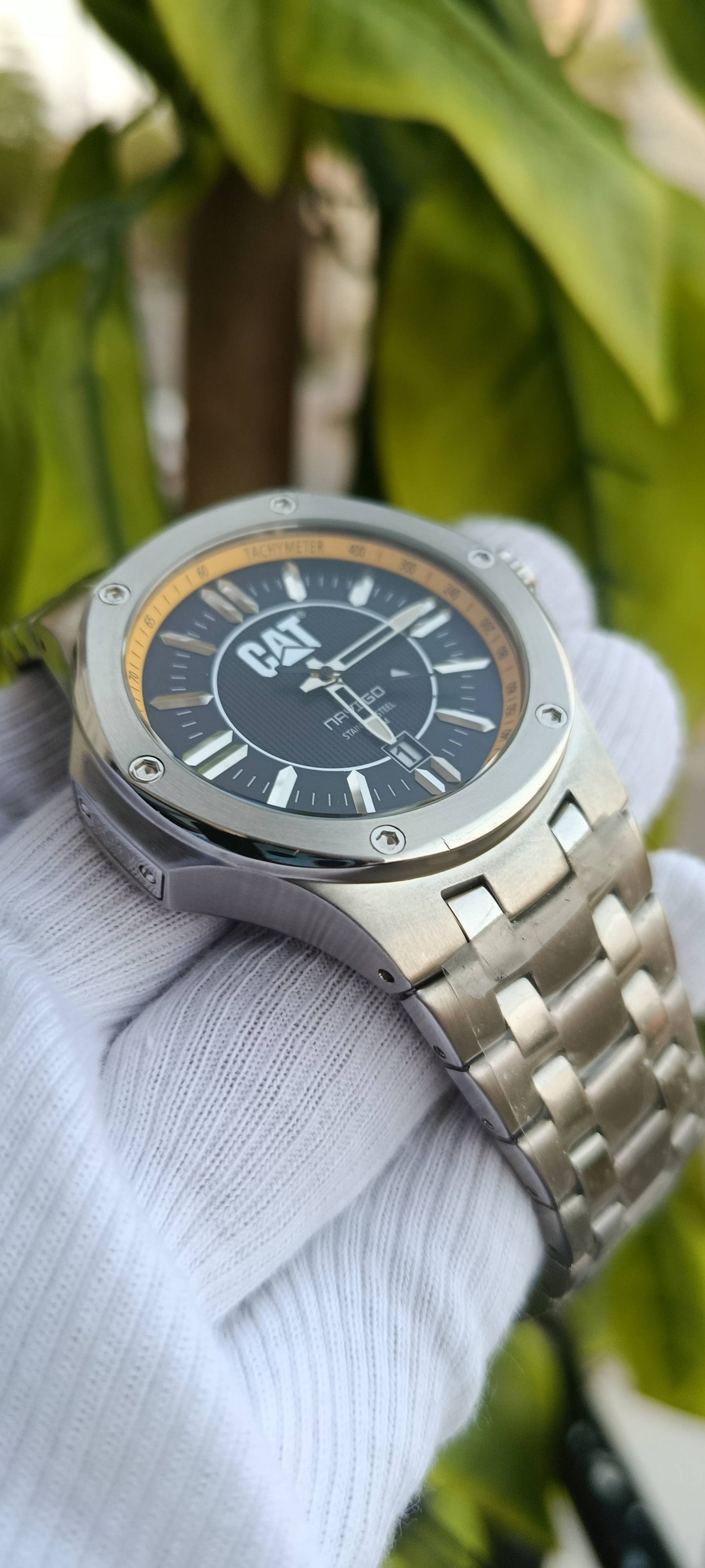 CAT Navigo Stainless Steel Men's Sport Watch – Black Dial with Yellow Tachymeter
