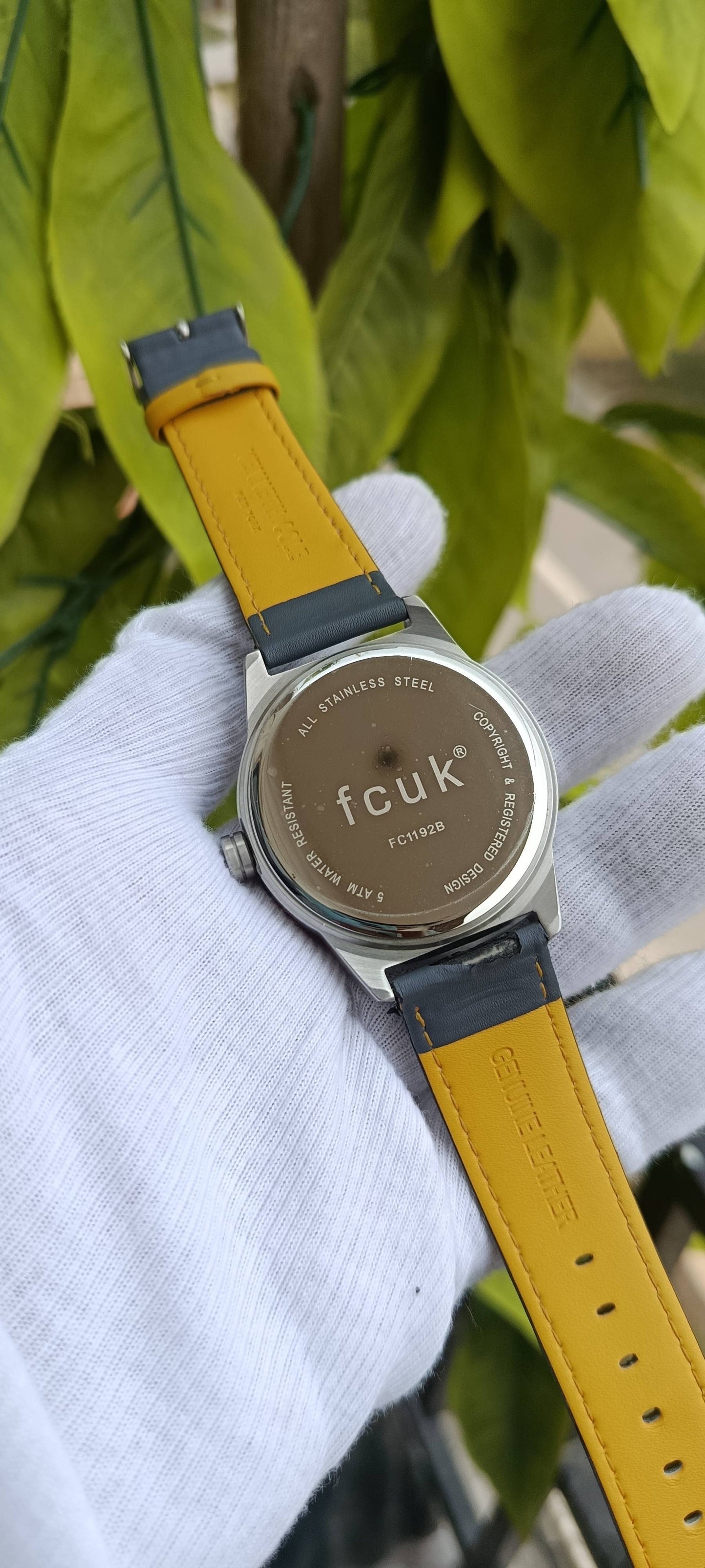 French Connection Men's Steel Watch with Blue Accents & Grey Leather Strap