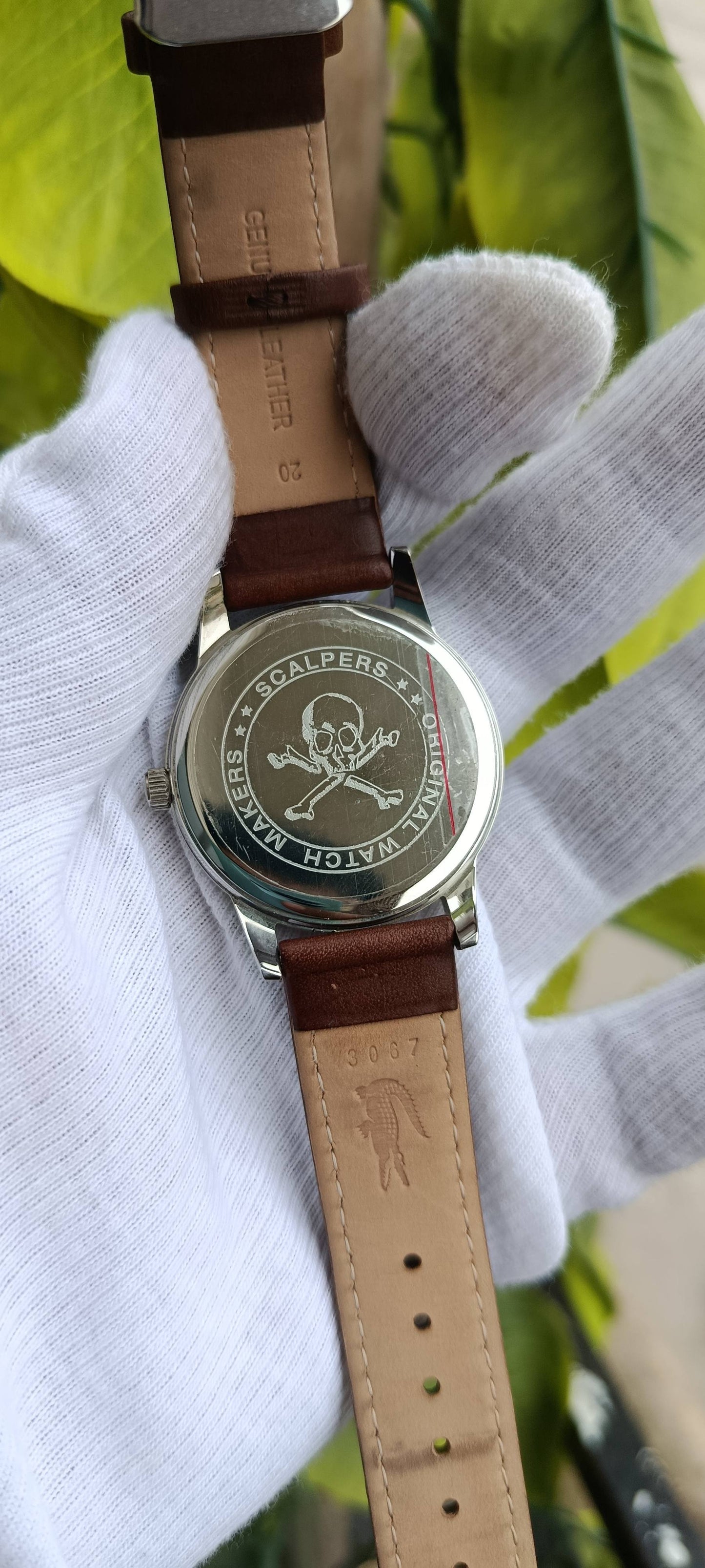 Scalpers Skull Logo Men's Watch – White Dial, Brown Leather Strap