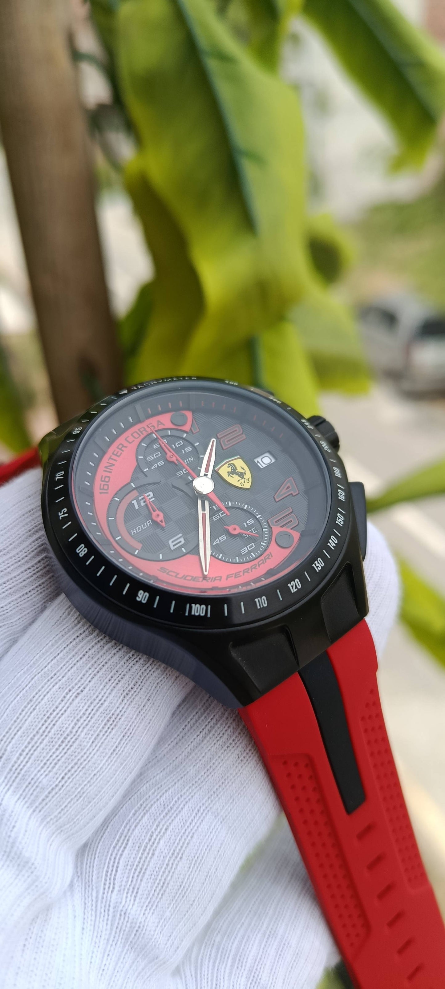 Scuderia Ferrari Race Day 166 Inter Corsa Men's Chronograph Watch – Black IP Case, Red Silicone Strap | Ref. 0830086