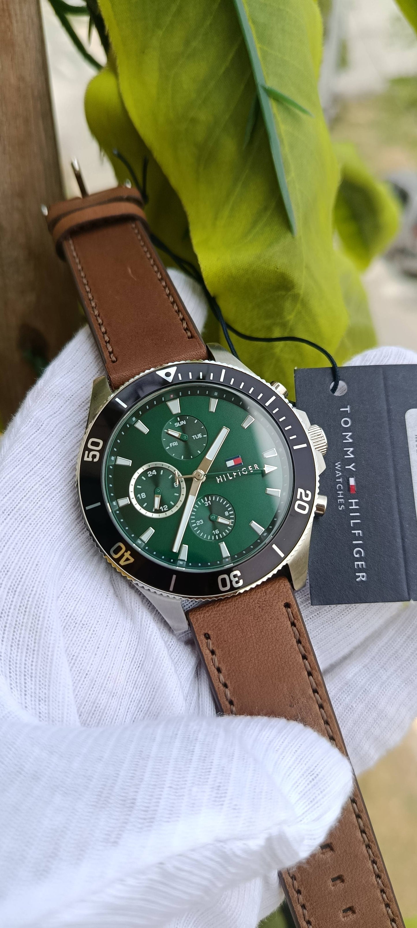 Tommy Hilfiger Men's Diver-Style Multifunction Watch – Green Dial, Brown Leather Strap | Ref. 1791983