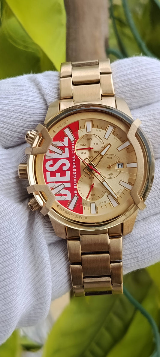 Diesel Griffed Chronograph Men's Watch – Gold-Tone Stainless Steel, Red "For Successful Living" Dial (48mm)