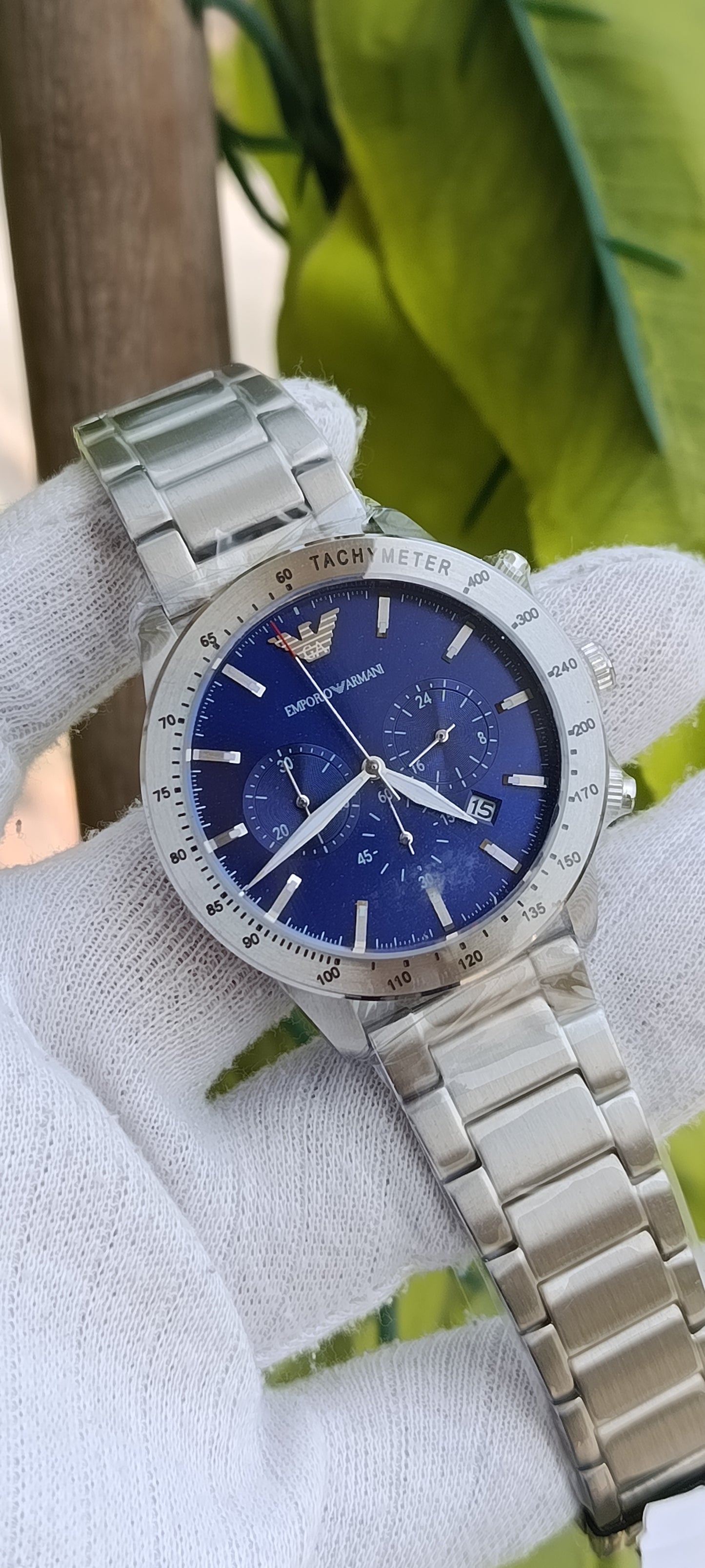 Emporio Armani Mario Men's Chronograph Quartz Watch – Blue Dial, Stainless Steel, 44mm – AR11306