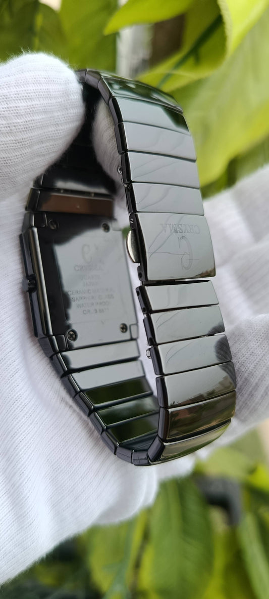 Crysma Sapphire All-Black Ceramic-Style Watch, Rectangular Dial, Japan Movement
