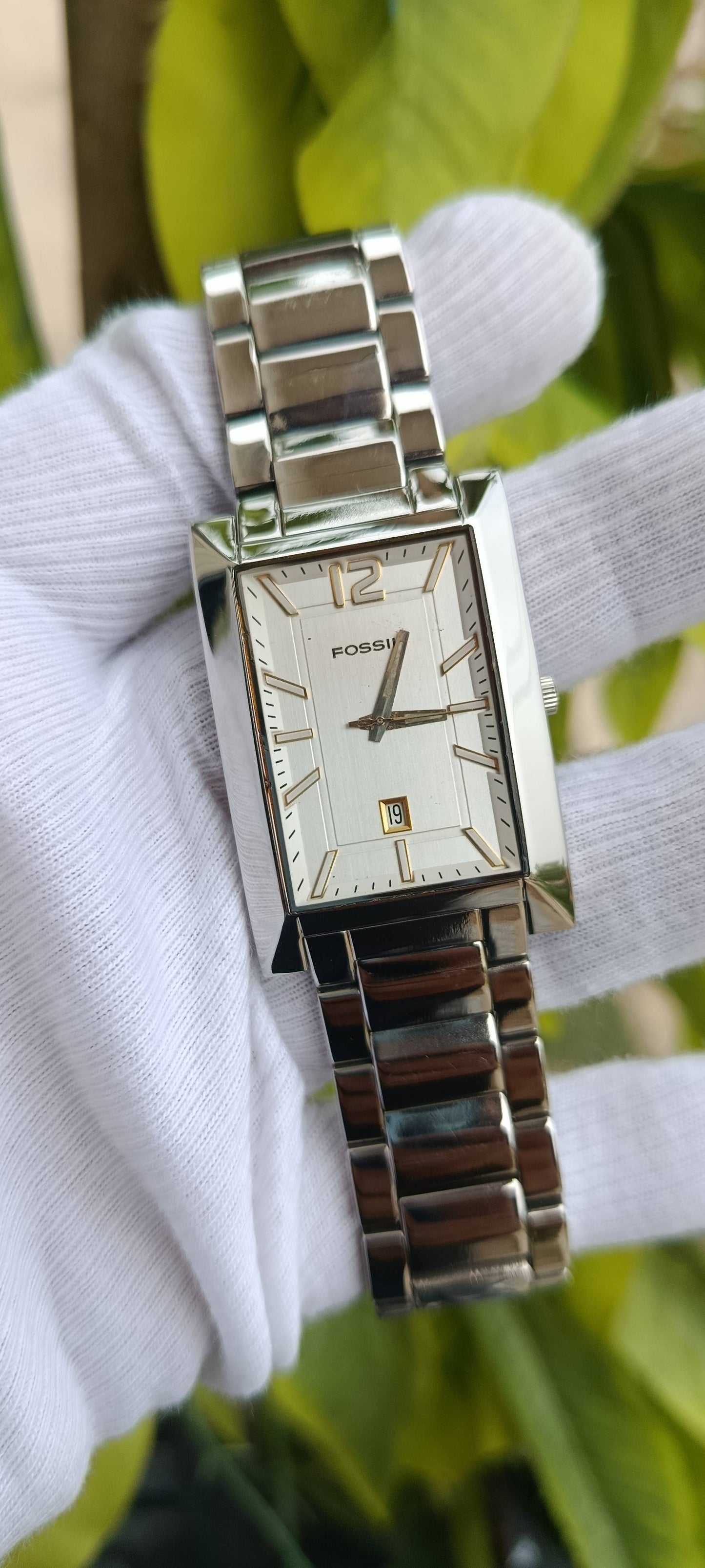 Fossil Men's Rectangular Silver-Tone Stainless Steel Watch with Date Window