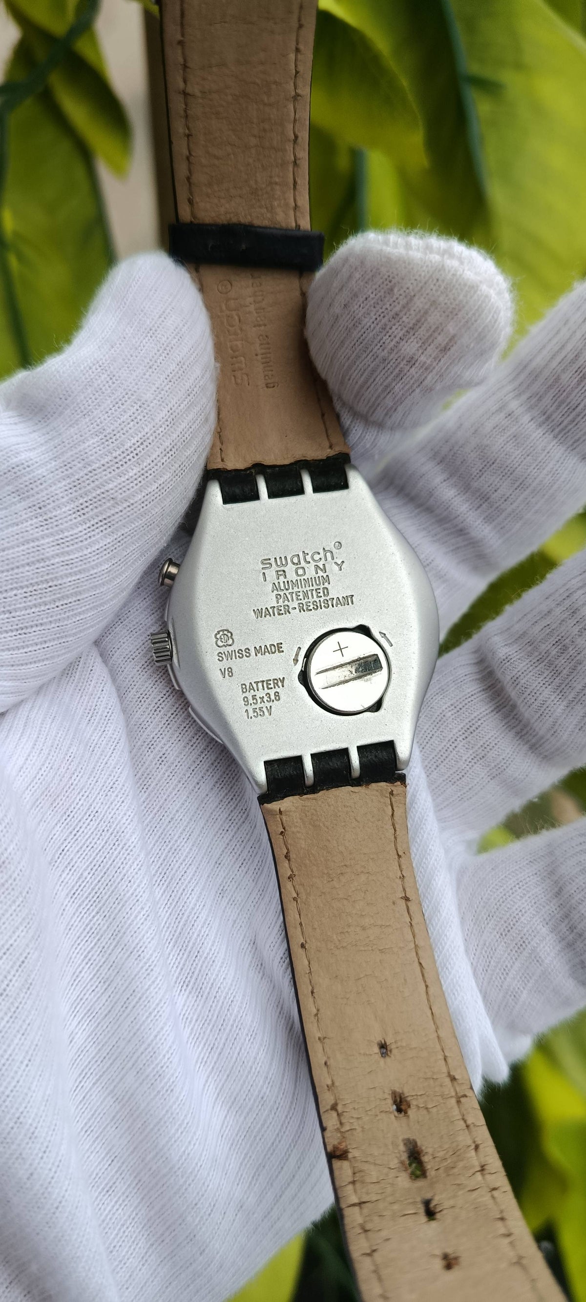 Swatch Swiss Vintage Aluminum Watch, Rotating Bezel, Black Leather Strap