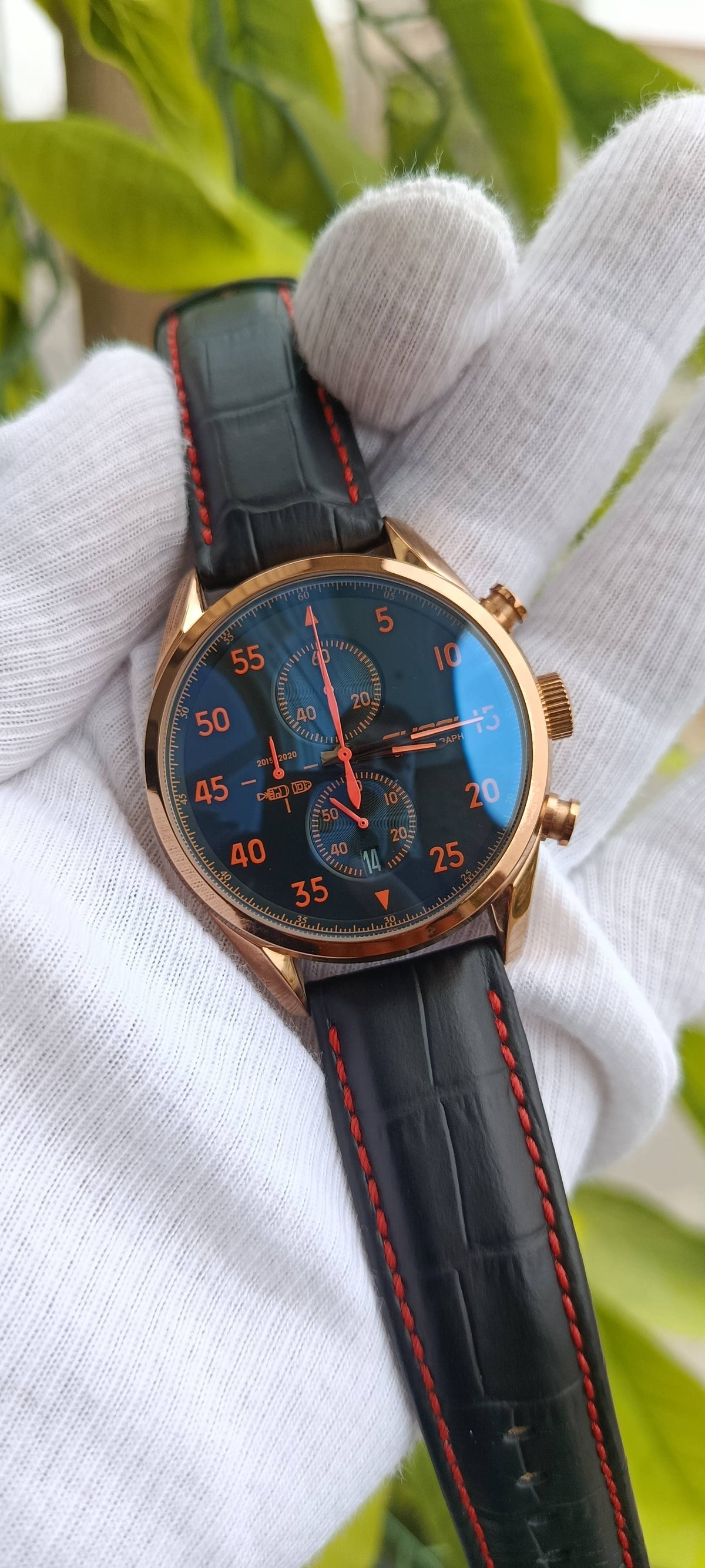 Gouool Chronograph-Style Watch, Rose Gold Case, Black Dial, Red-Stitched Leather Strap