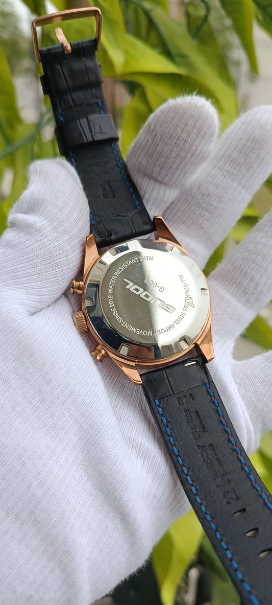 Gouool Chronograph-Style Watch, Rose Gold Case, Black Dial, Red-Stitched Leather Strap