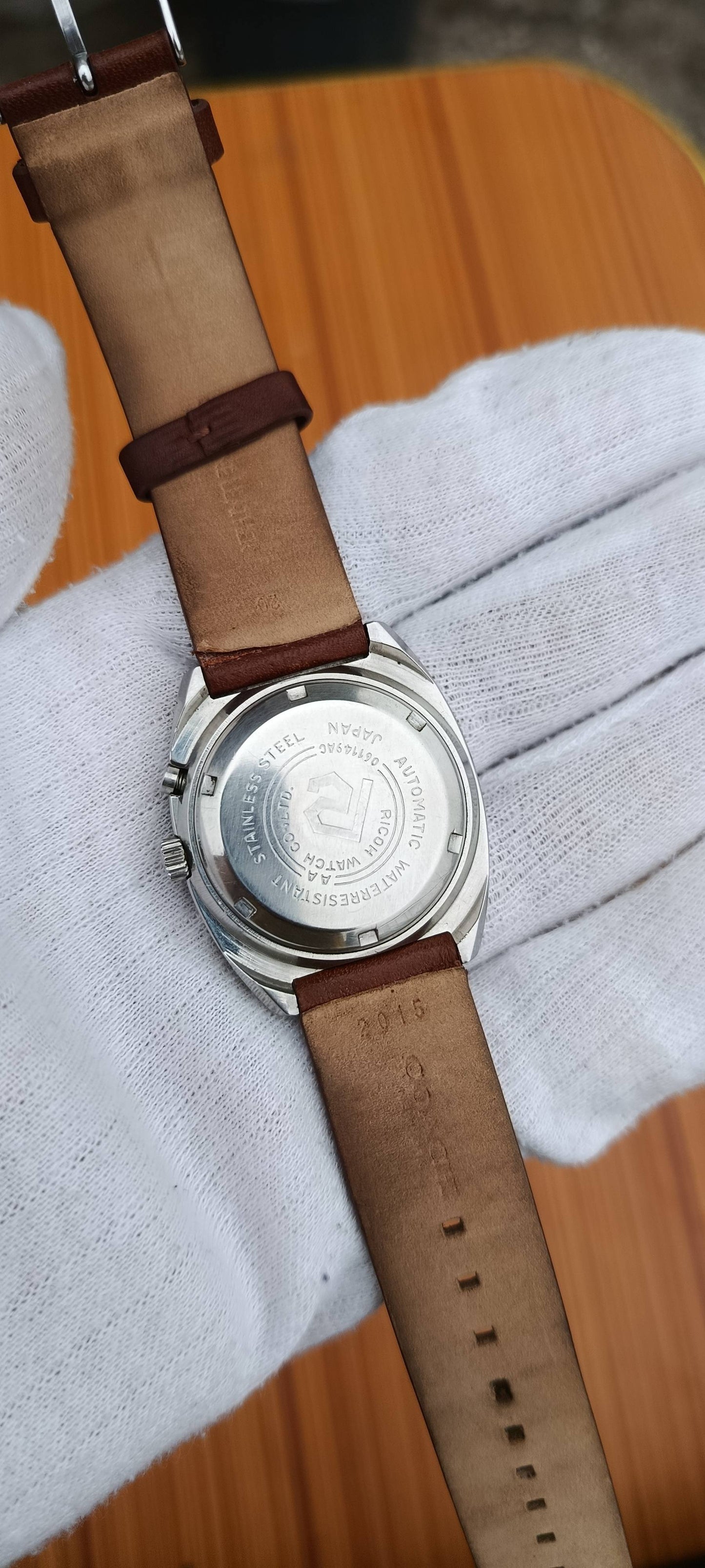 Vintage Ricoh Automatic Men's Watch – Green Dial Day-Date, Brown Leather Strap, Japan Made