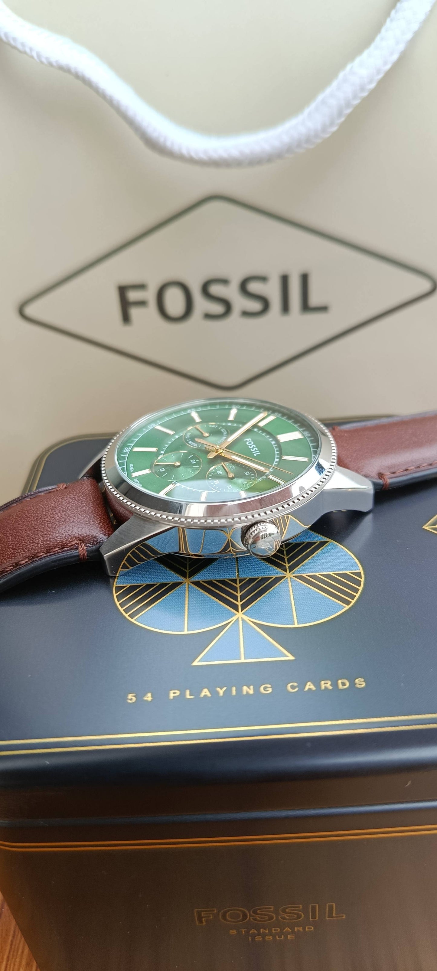 Fossil Pearson FS6137 Men's Multifunction Watch – Green Dial, Brown Leather Strap, 42mm