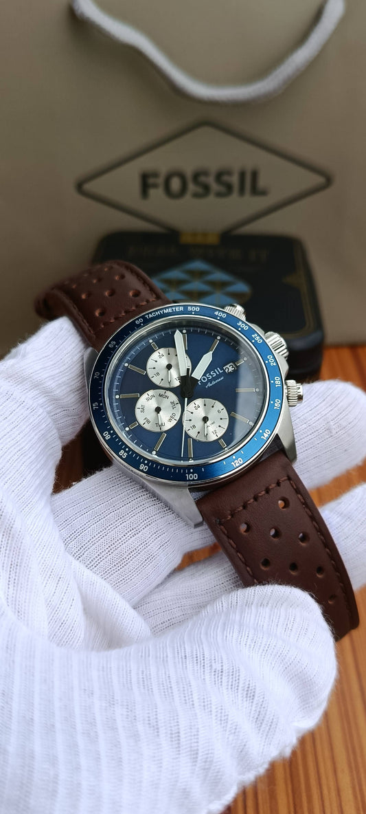 Fossil Autocross BQ2887 Men's Multifunction Watch – Blue Dial, Brown Leather Strap, 42mm