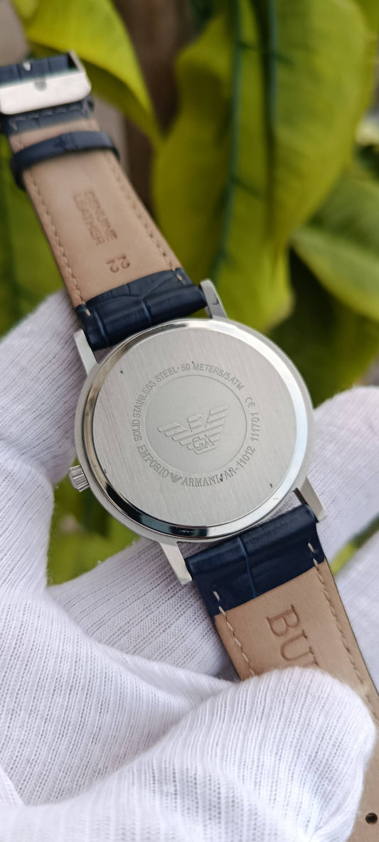 Emporio Armani Men's Navy Blue Dial Silver-Tone Leather Strap Watch