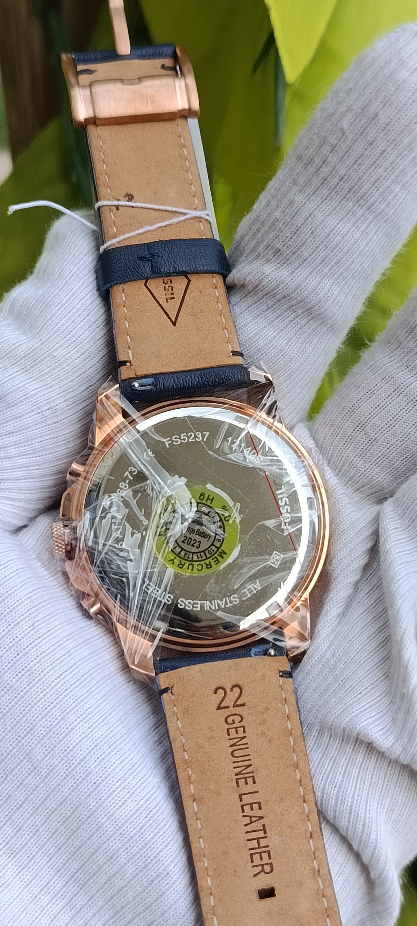 Fossil Grant Sport Men's Chronograph Watch FS5237 – Blue Dial, Rose Gold Case, Navy Leather Strap