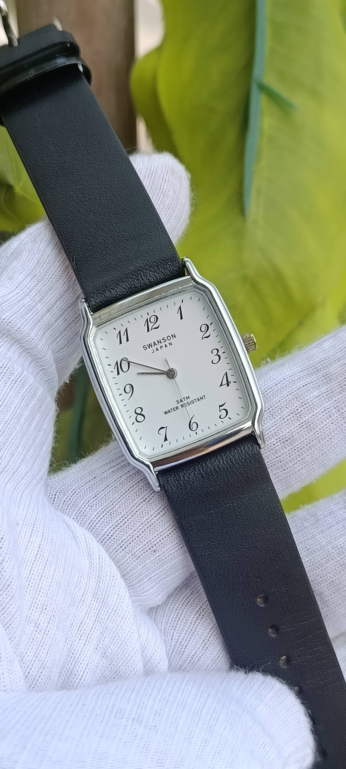 Swanson Japan Classic Rectangular Dress Watch – Silver Case with Black Leather
