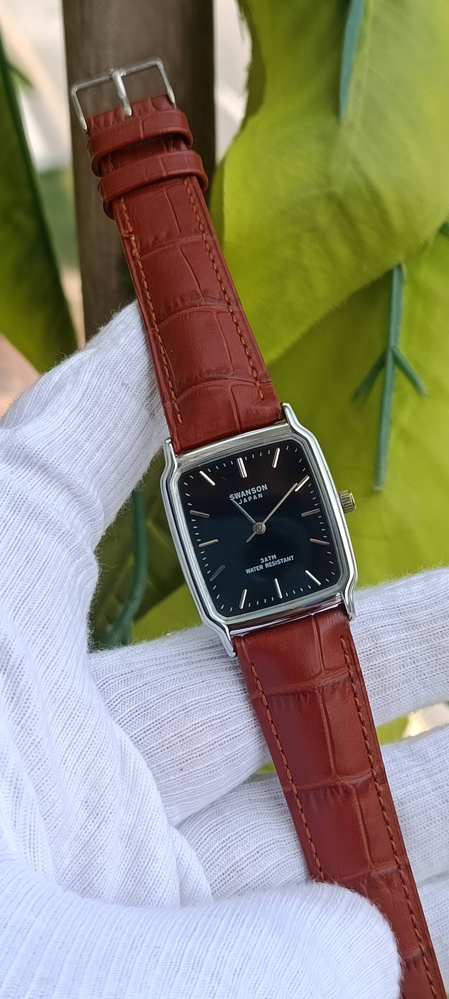 Swanson Japan Classic Rectangular Watch – Black Dial & Tan Brown Crocodile Leather Strap