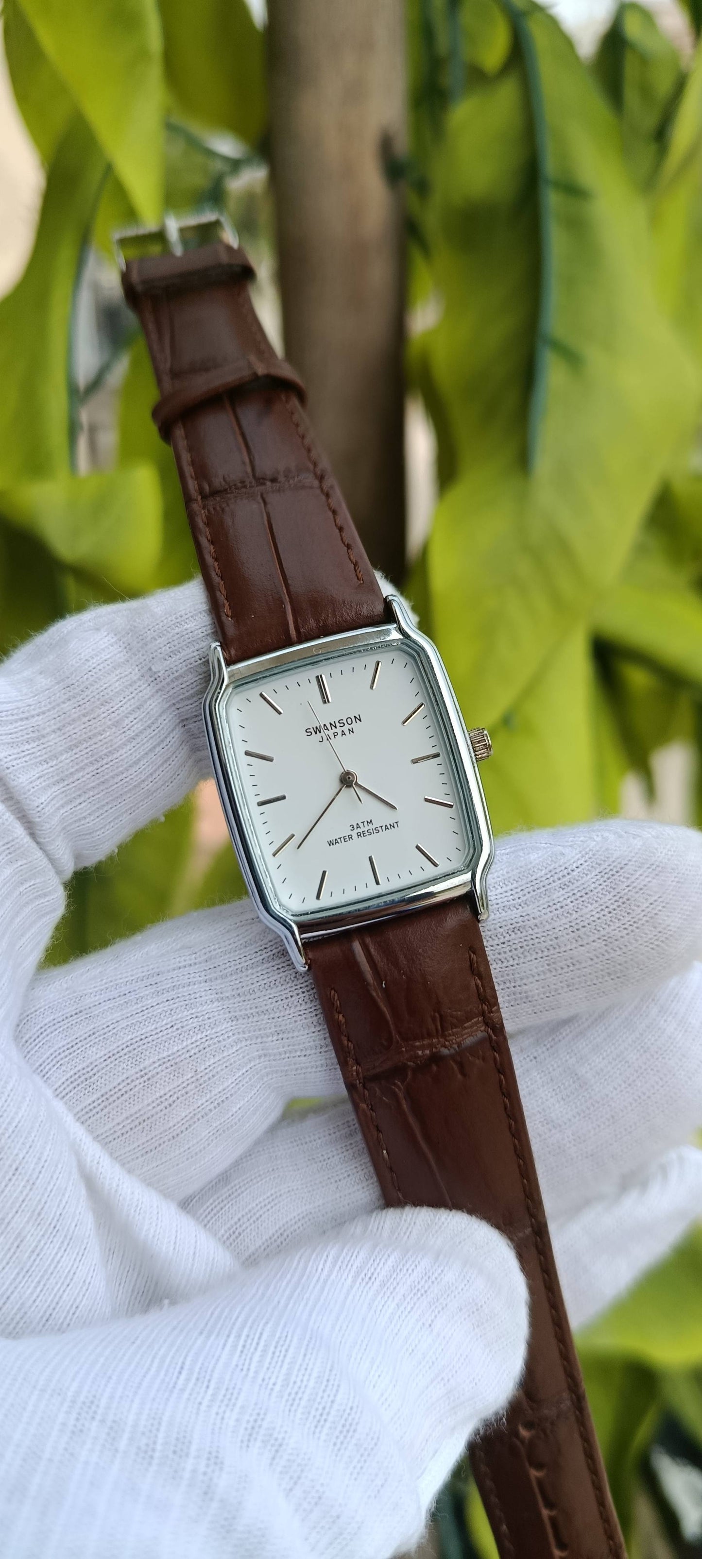 Swanson Japan Vintage Tank Watch – Silver Rectangular Case with Dark Brown Leather Strap