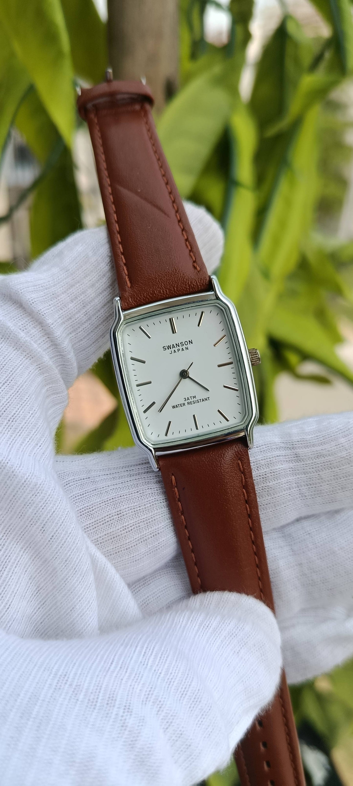 Swanson Japan Vintage Tank Watch – Silver Rectangular Case with Cognac Brown Leather Strap