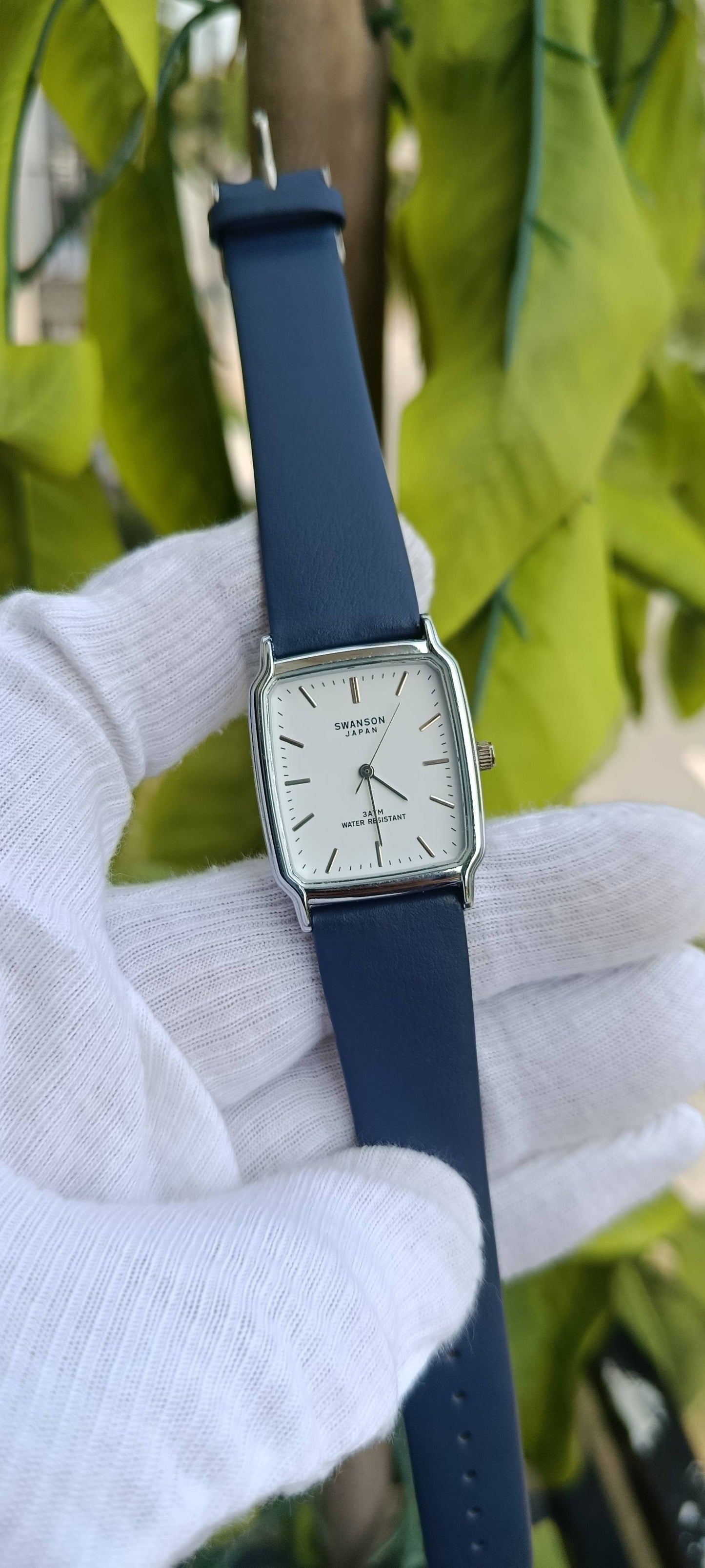 Swanson Japan Vintage Tank Watch – Silver Rectangular Case with Navy Blue Leather Strap