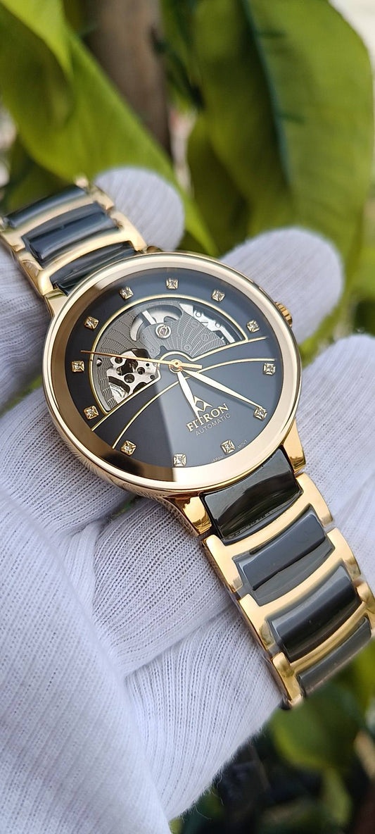 Fitron Automatic Skeleton Watch for Men – Gold & Black Stainless Steel Mechanical Wristwatch