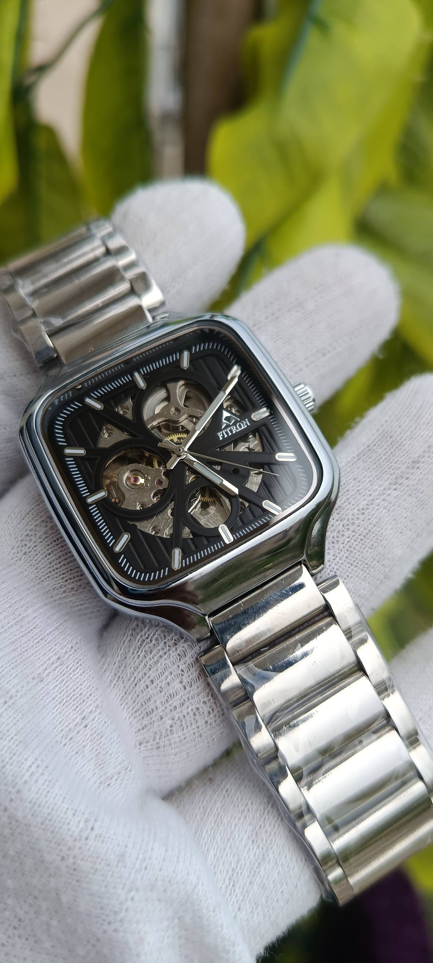 Fitron Automatic Skeleton Watch | Square Cushion Case | Black Dial | Ceramic Coated Bracelet