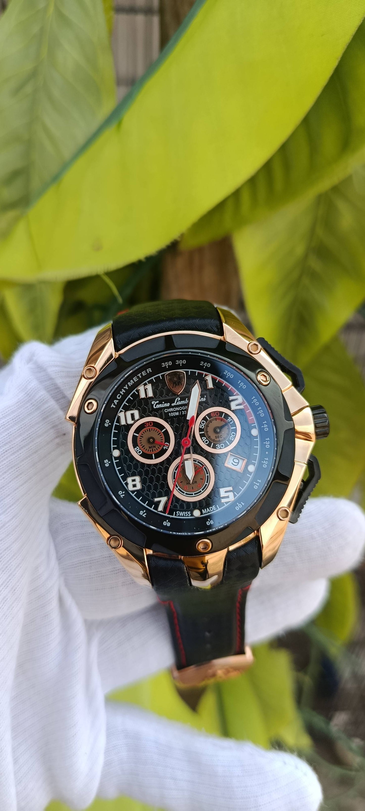 Tonino Lamborghini Chronograph Men's Watch – Rose Gold Case, Black Dial, Genuine Leather Strap – Swiss Made