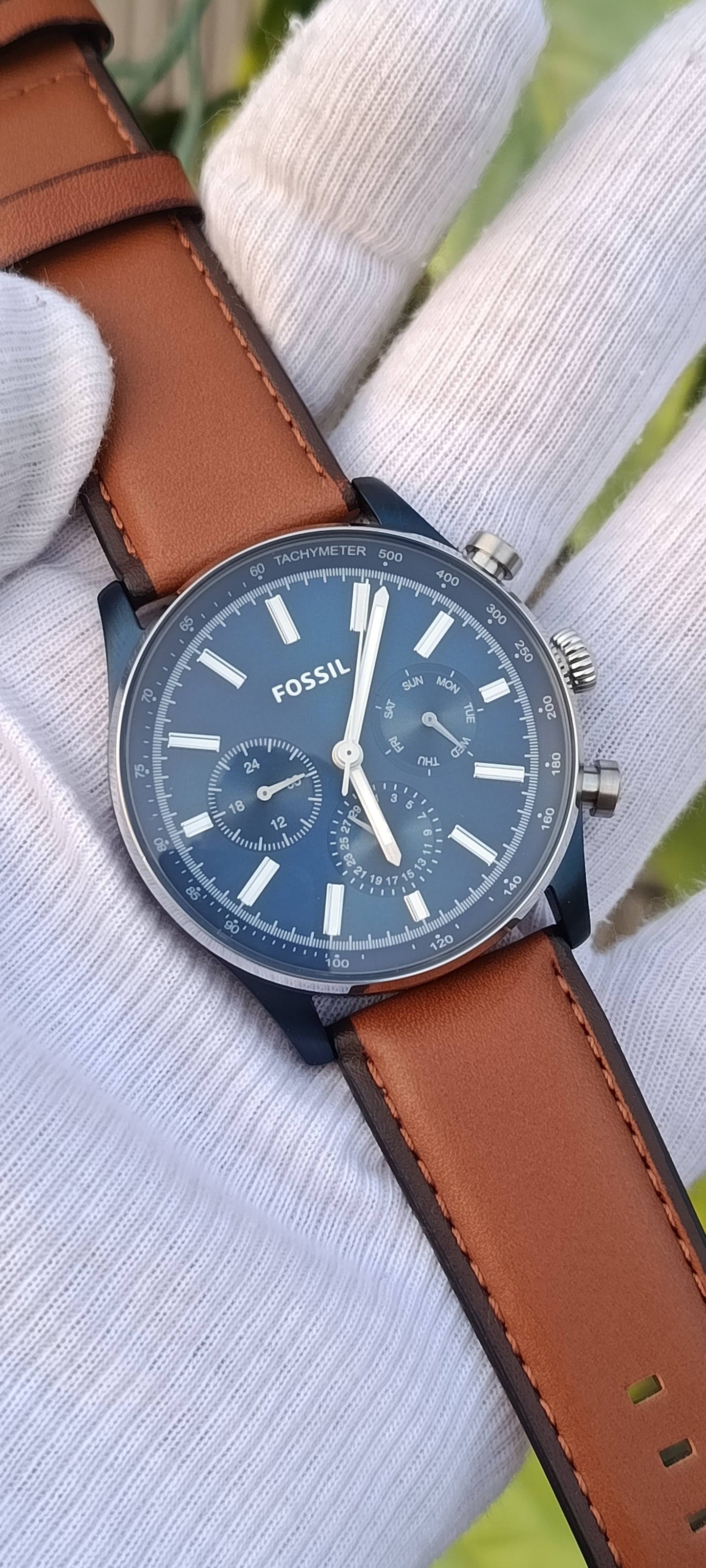 Fossil BQ2512 Men's Blue Dial Chronograph Watch – Tan Leather Strap