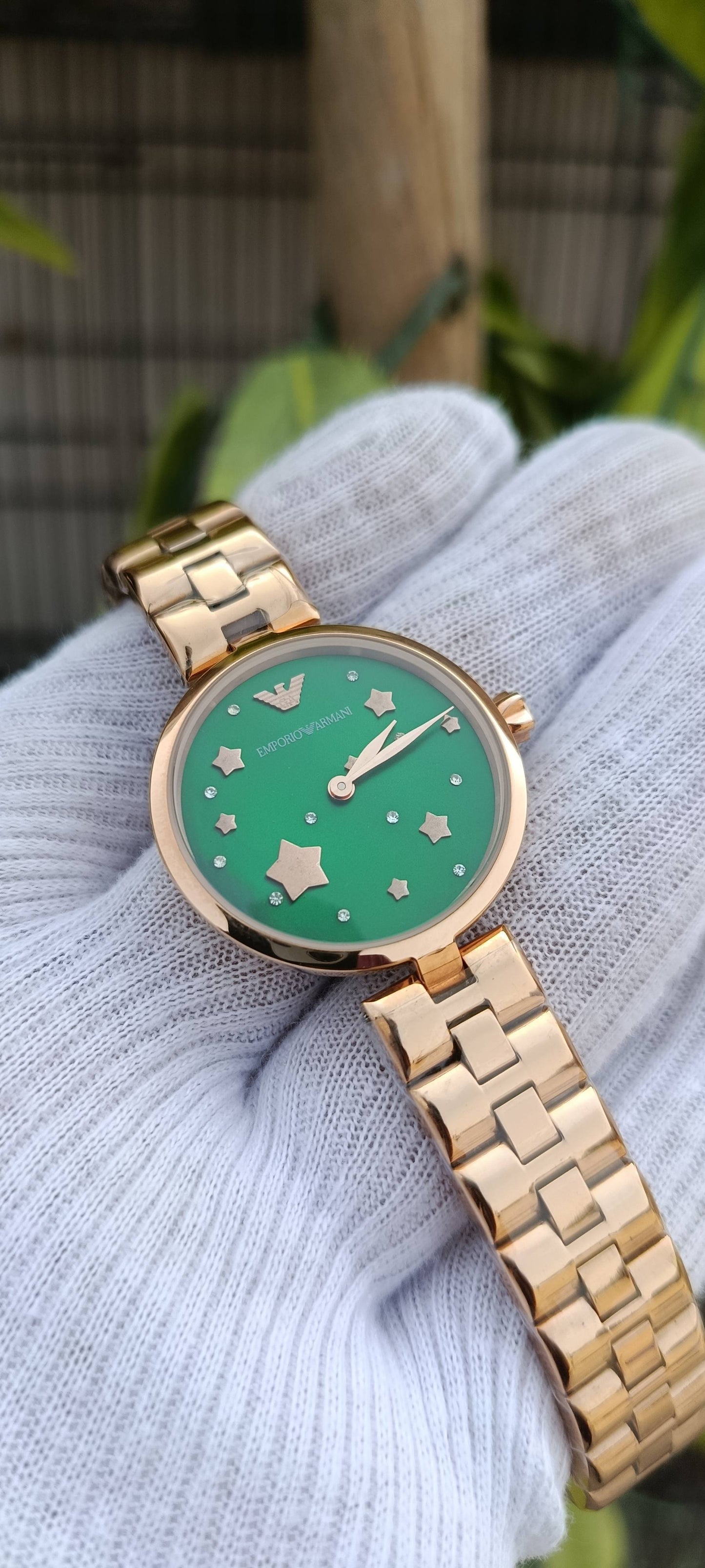 Emporio Armani Green Star Dial Rose Gold Women's Watch