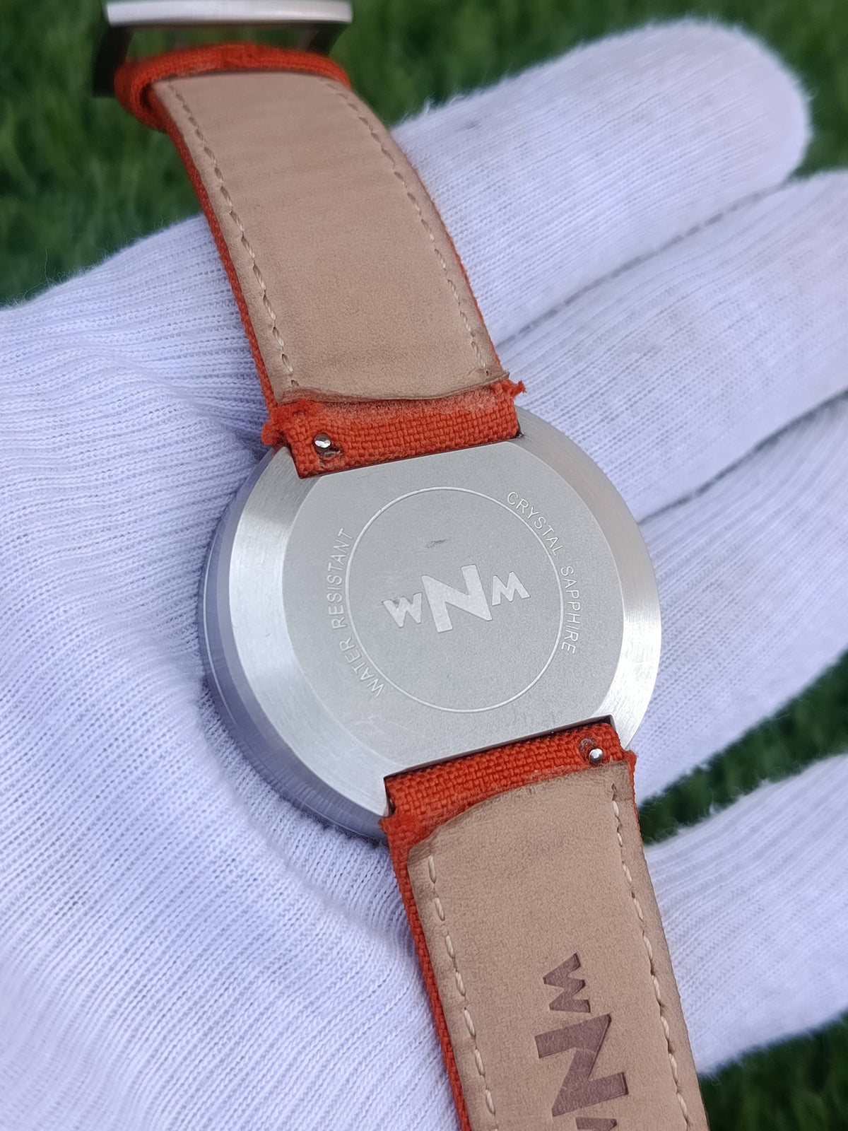 WNM Modular Minimalist Watch Coral Dial Brushed Steel Case Orange Canvas Leather Strap
