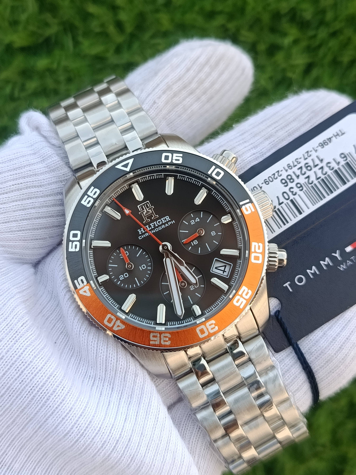 Tommy Hilfiger Chronograph Men's Watch Grey Dial Black Orange Dive Bezel Stainless Steel