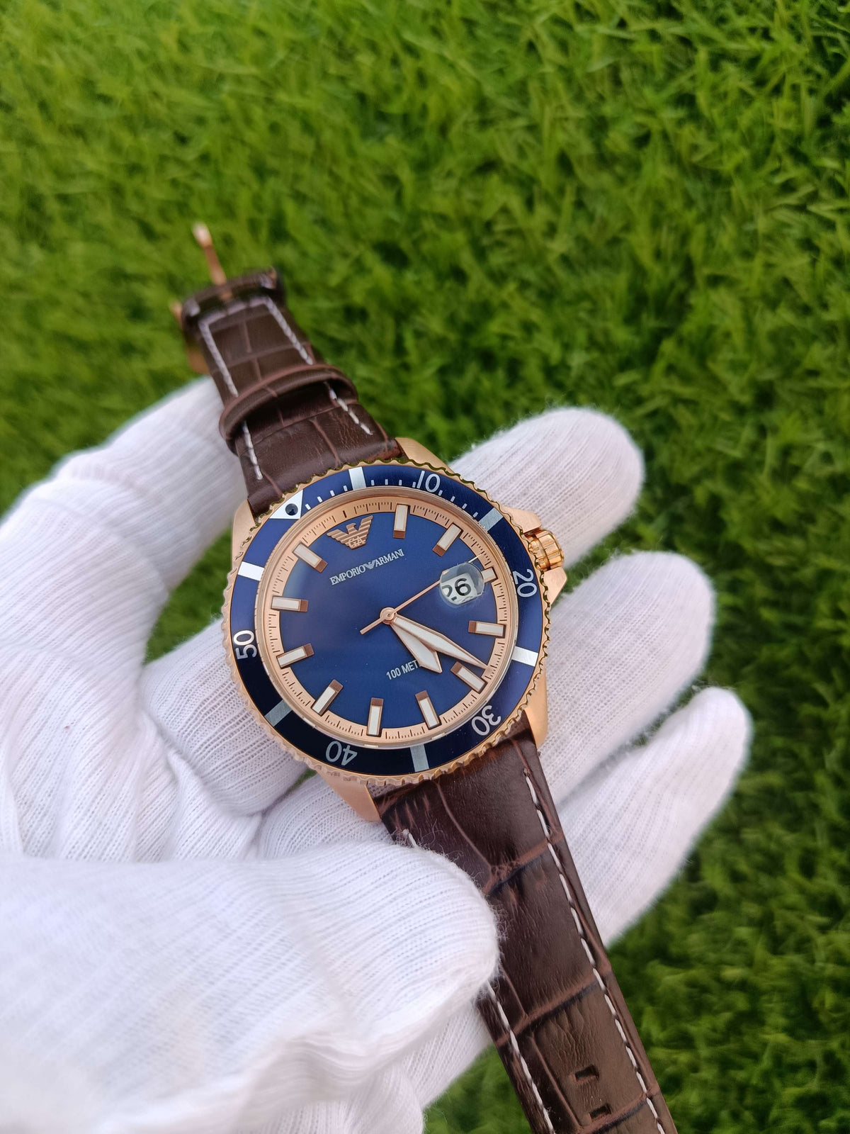 Emporio Armani Men's Blue Dial Diver Watch – Rose Gold Brown Leather