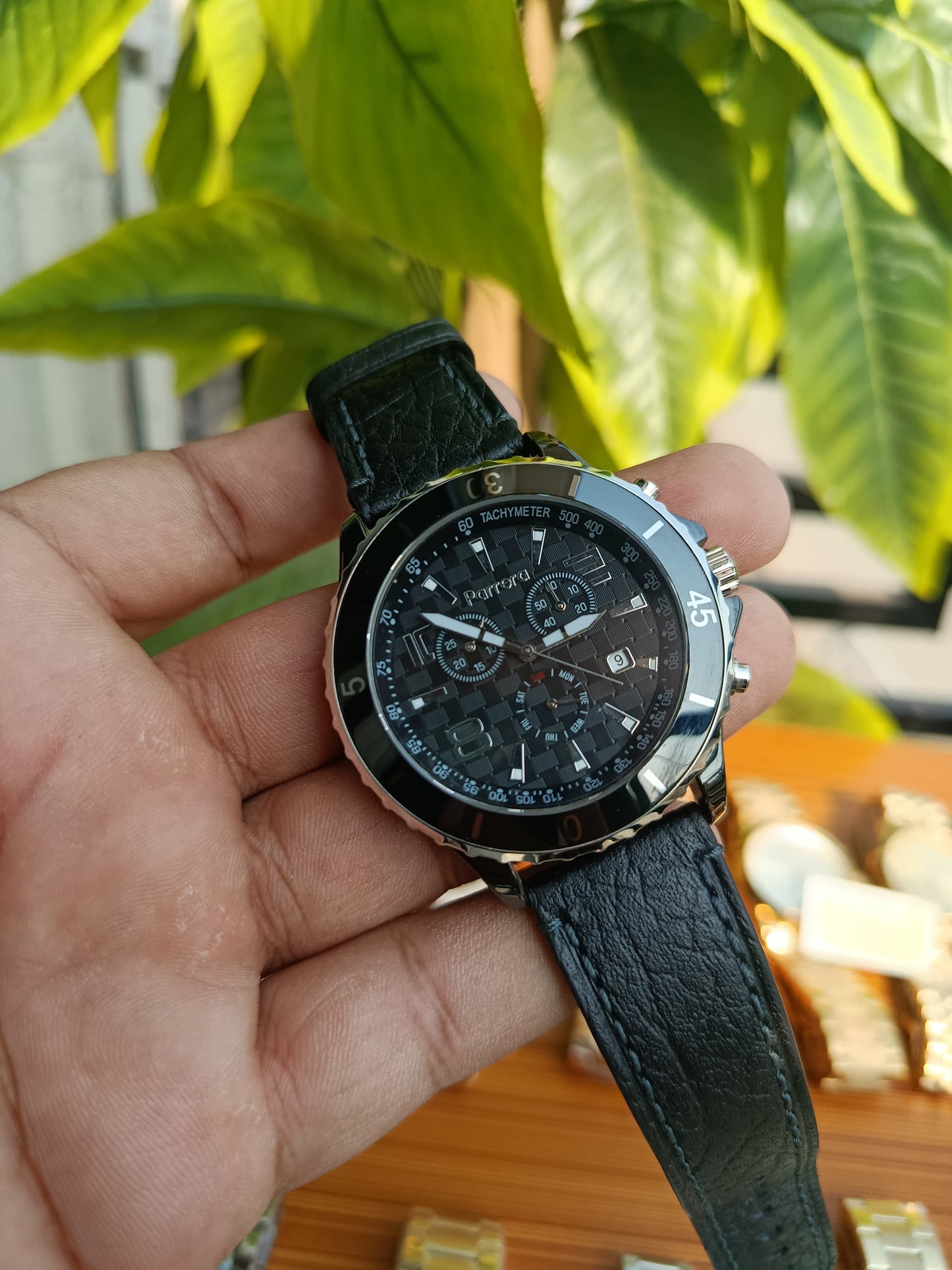 Parrora Men’s Chronograph Watch (Black Leather Strap)