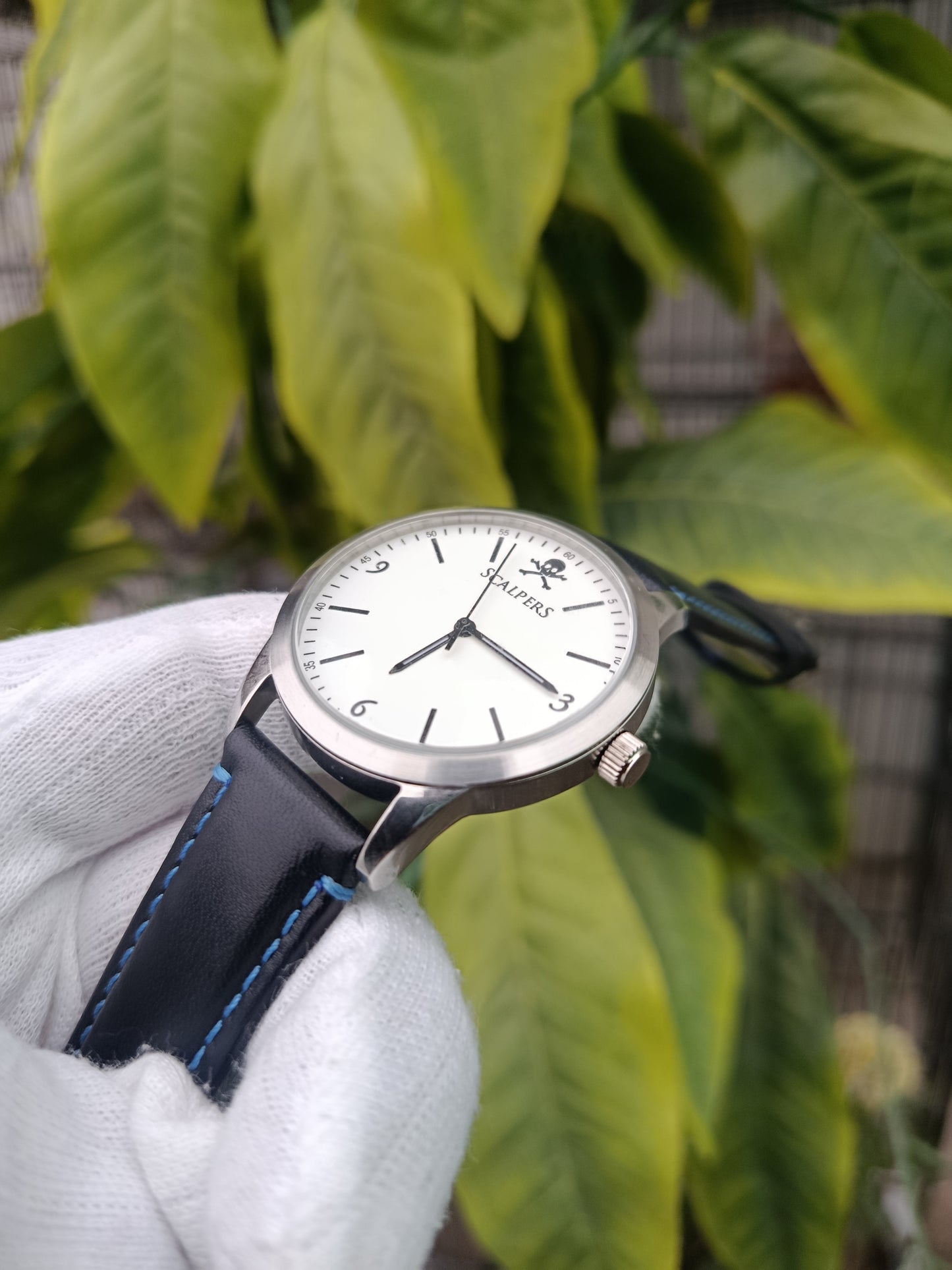 Scalpers Men’s Watch – White Dial with Black Strap & Blue Stitching