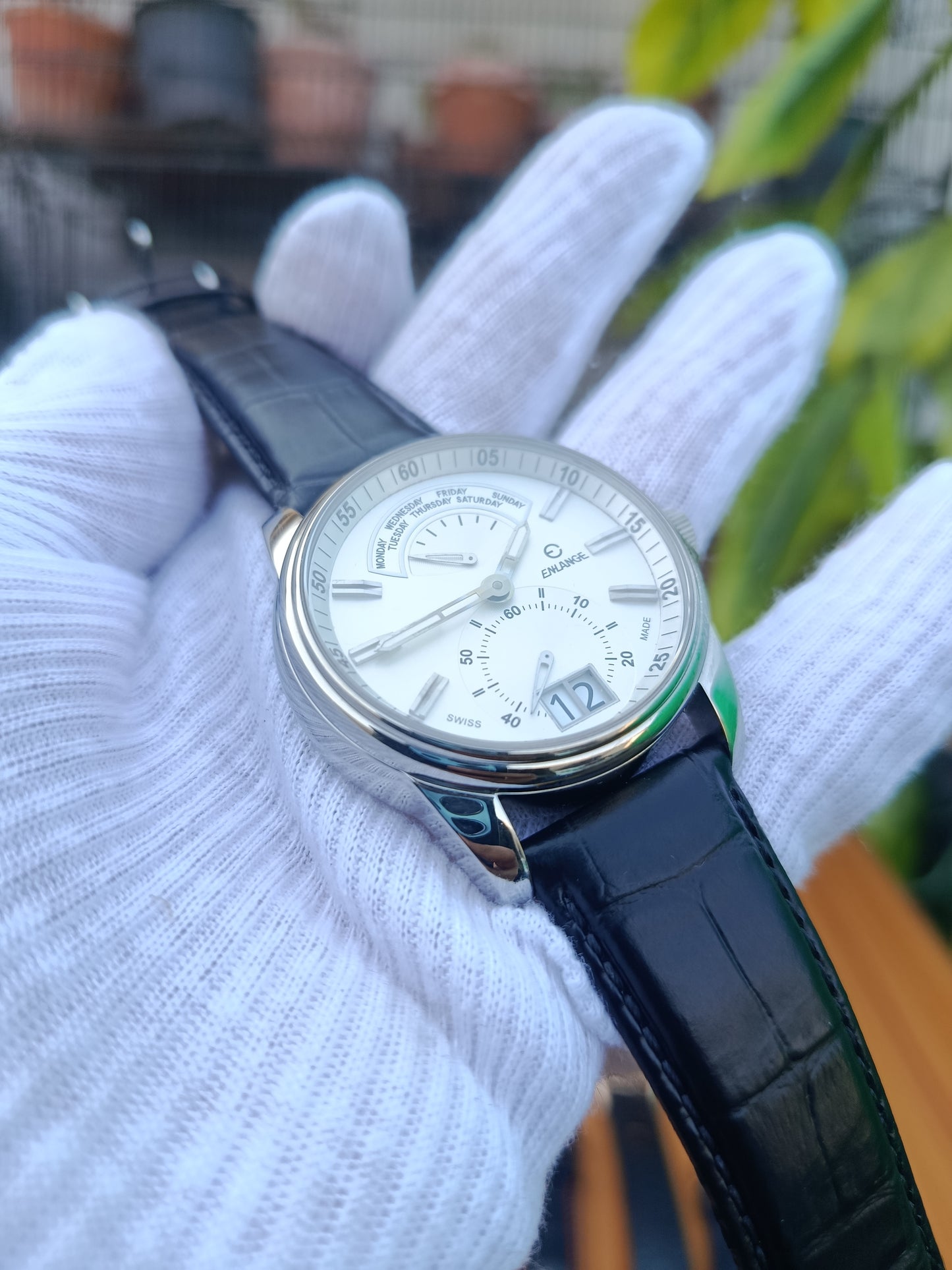 Enlange Swiss-Made Men’s Sport Watch Black Leather Strap