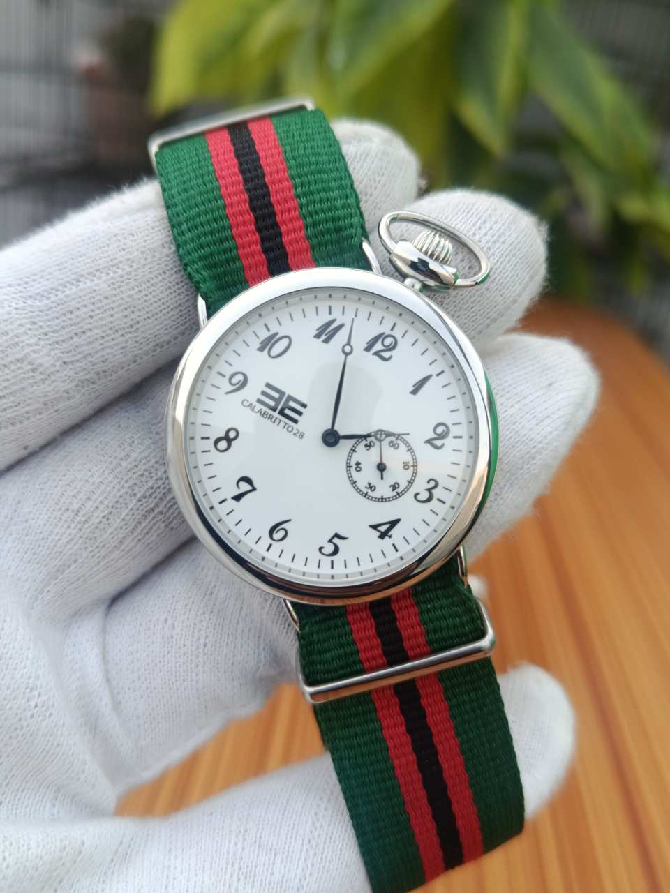 Calabritto 28 Watch with Green & Red Striped Nylon Strap