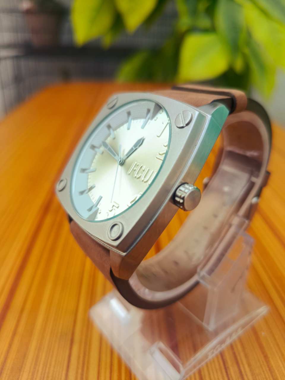 FCUK Square Case Watch Silver-Tone with Brown Leather Strap