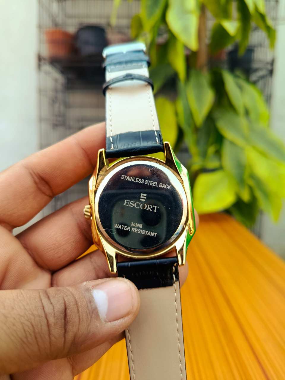 Escort Men’s Analog Watch Gold-Plated Case with Black Leather Strap