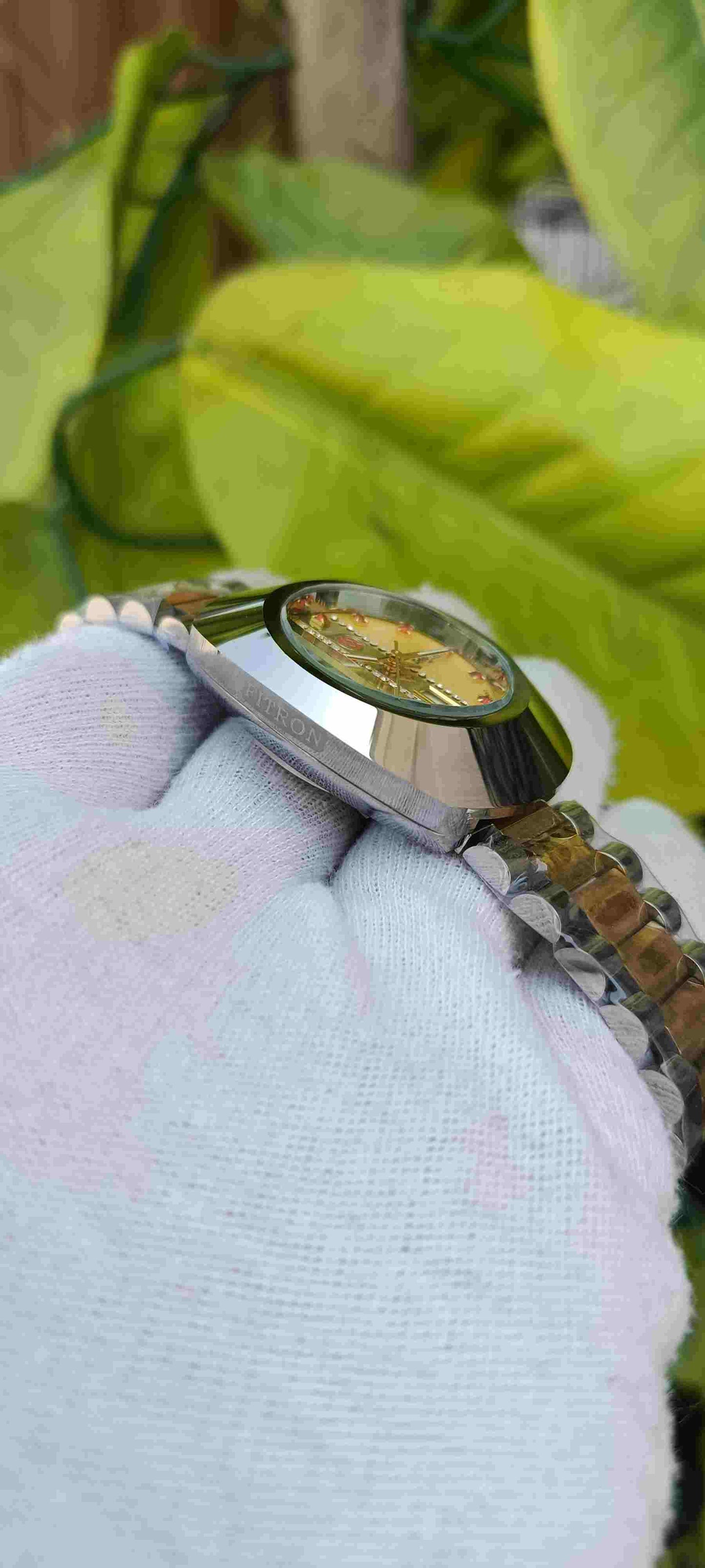 Fitron Diastar Men's Watch – Champagne Dial, Red Ruby & Crystal Markers, Japan Movement, Day-Date, Two-Tone Silver & Gold Bracelet