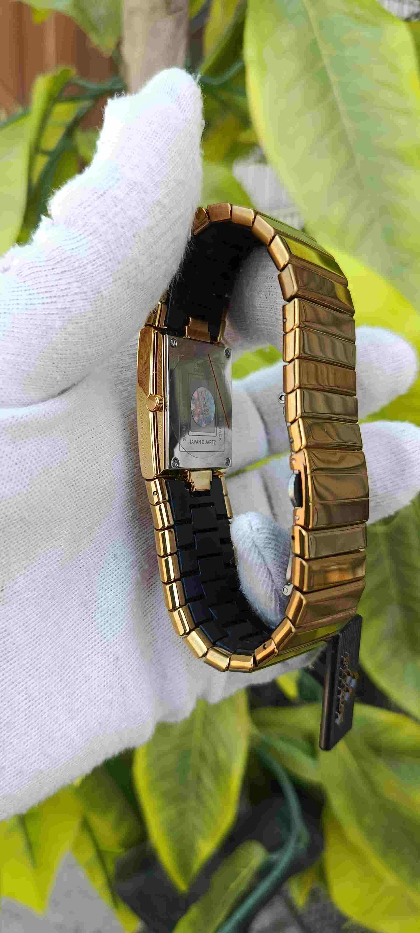 Fitron Jubilee Watch – Full Gold-Tone, Rectangle Tank Case, Champagne Dial, Gold Baton Markers, Date Display