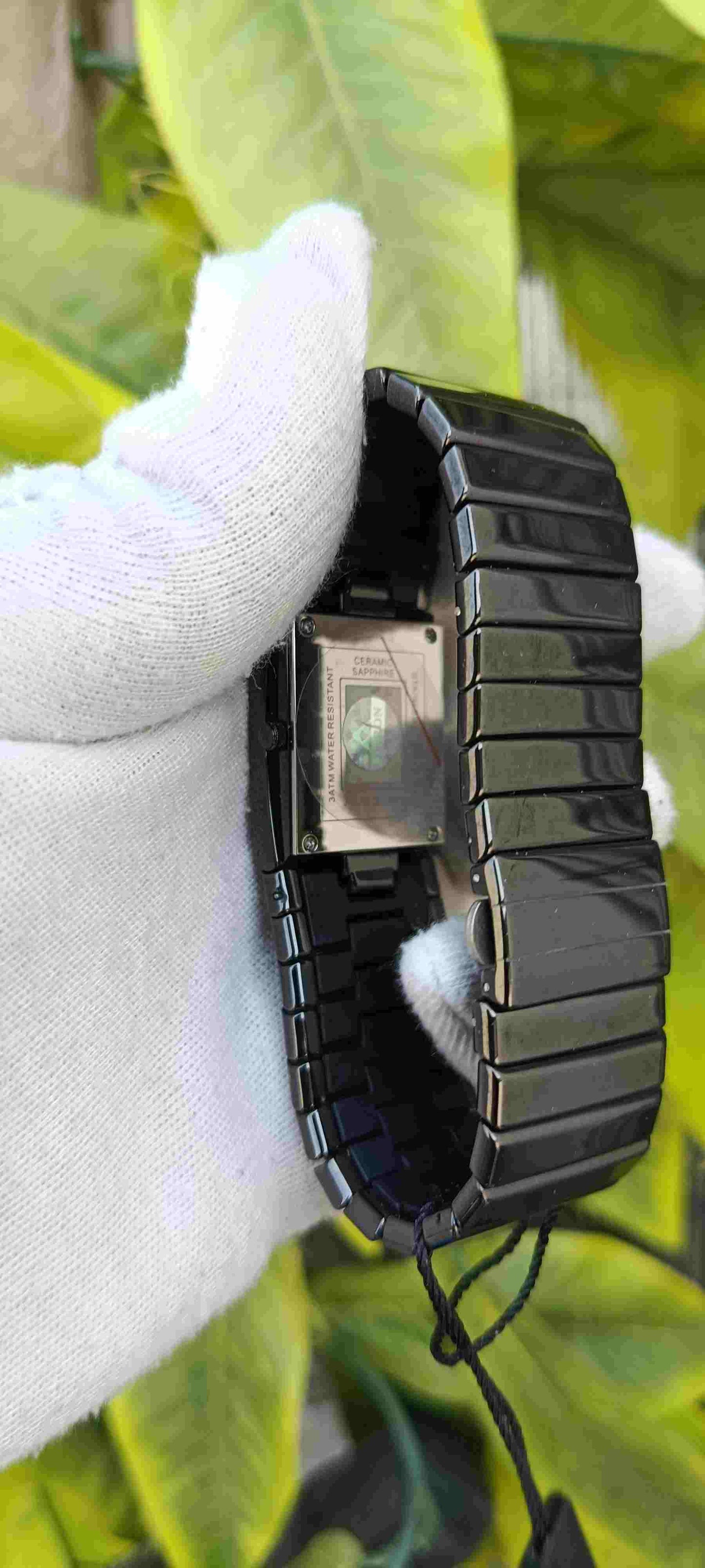 Fitron Jubilee Ceramic Watch – Full Black, Slim Rectangle Case, Crystal Diamond Markers, Date Display