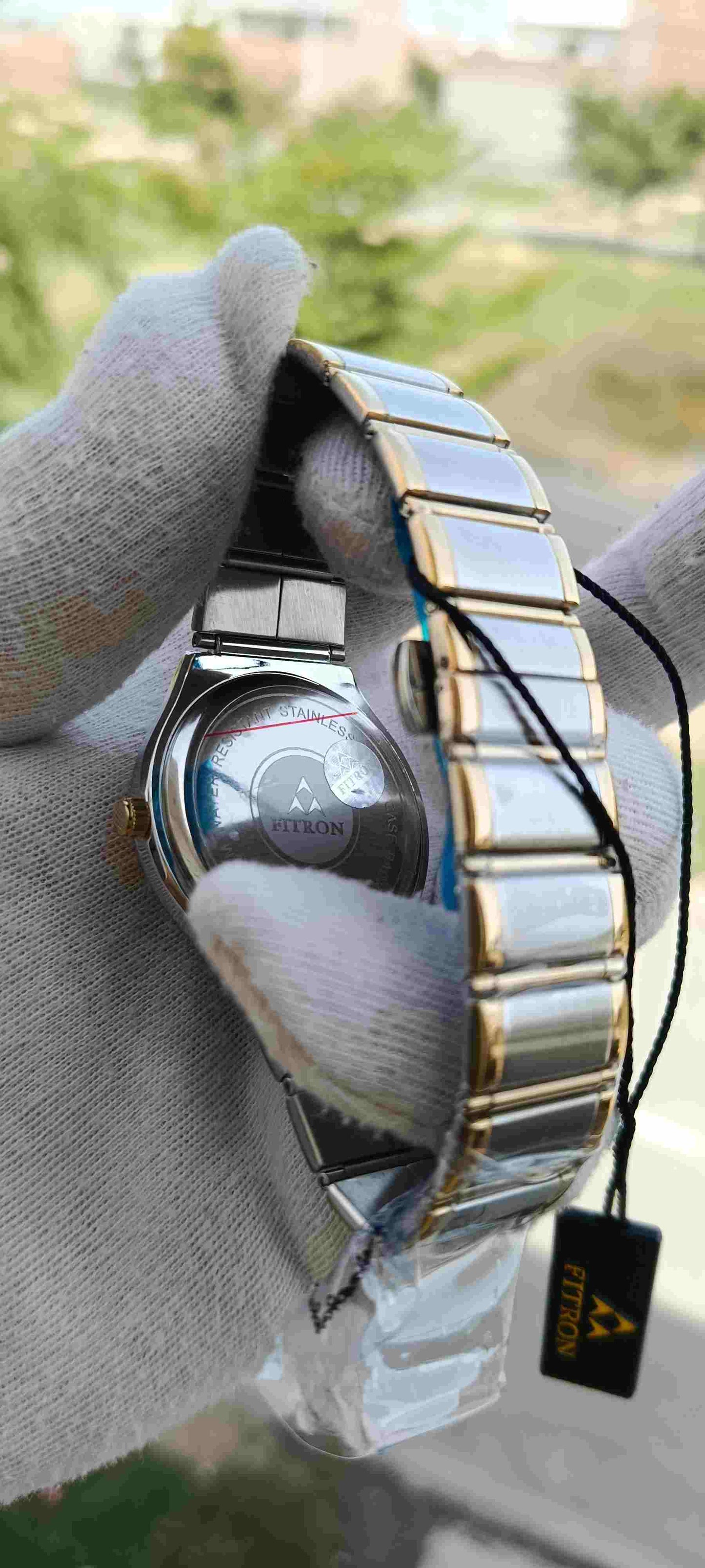 Fitron Two-Tone Square Green Dial Watch | Date Window & Moon Phase | Gold Silver Stainless Steel Bracelet