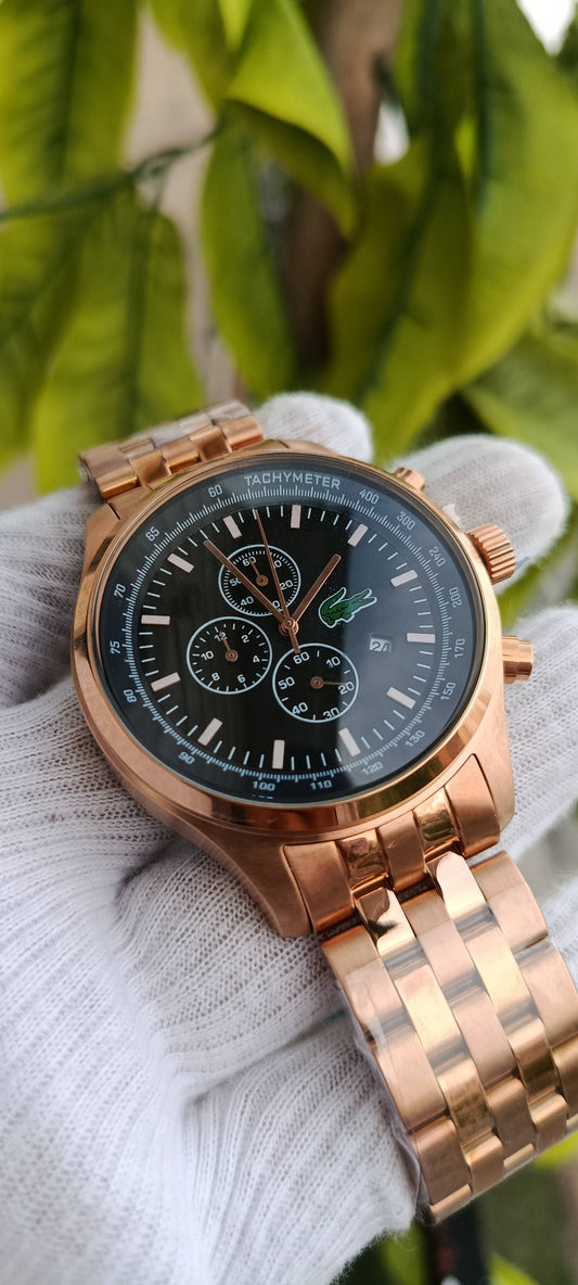 Lacoste Men's Chronograph Watch – Rose Gold Case, Black Dial with Tachymeter Bezel, Rose Gold Bracelet