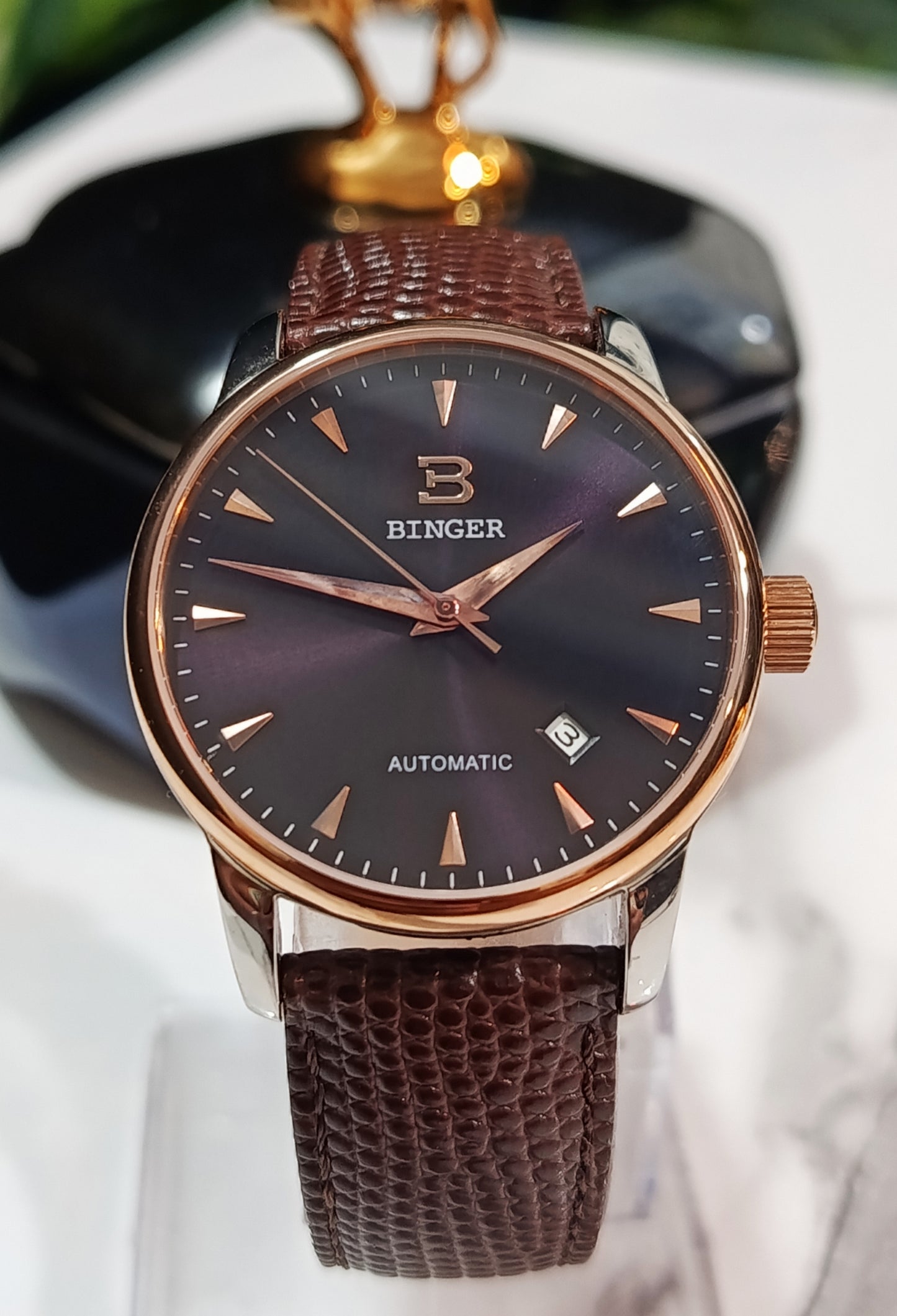Binger Automatic B5005M-1 With Maroon Colour Leather Strap Watch