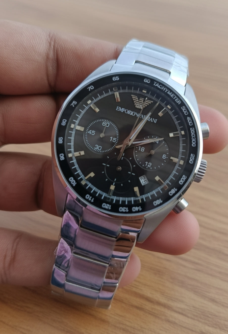 Emporio Armani Sportivo AR5980 – Silver Stainless Steel Black Dial Chronograph Quartz Watch for Men