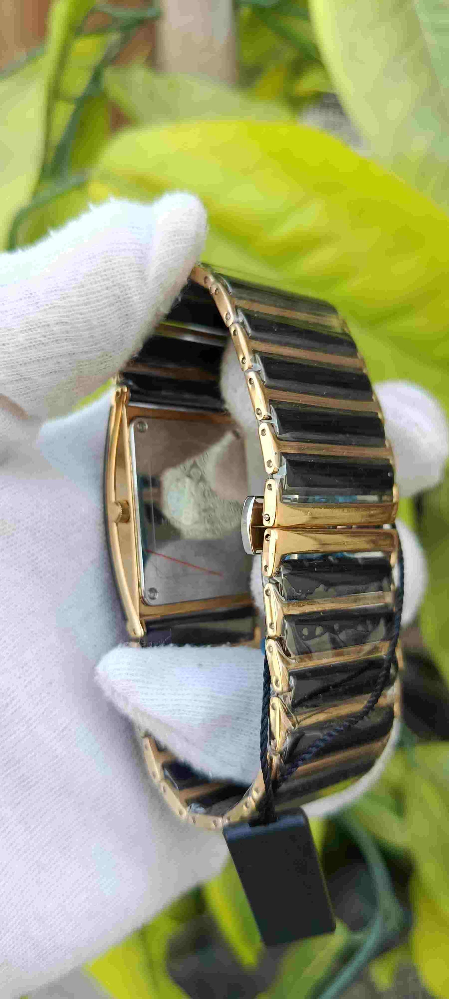 Fitron Ceramic Watch – Black & Gold Two-Tone, Rectangle Case, Crystal Markers